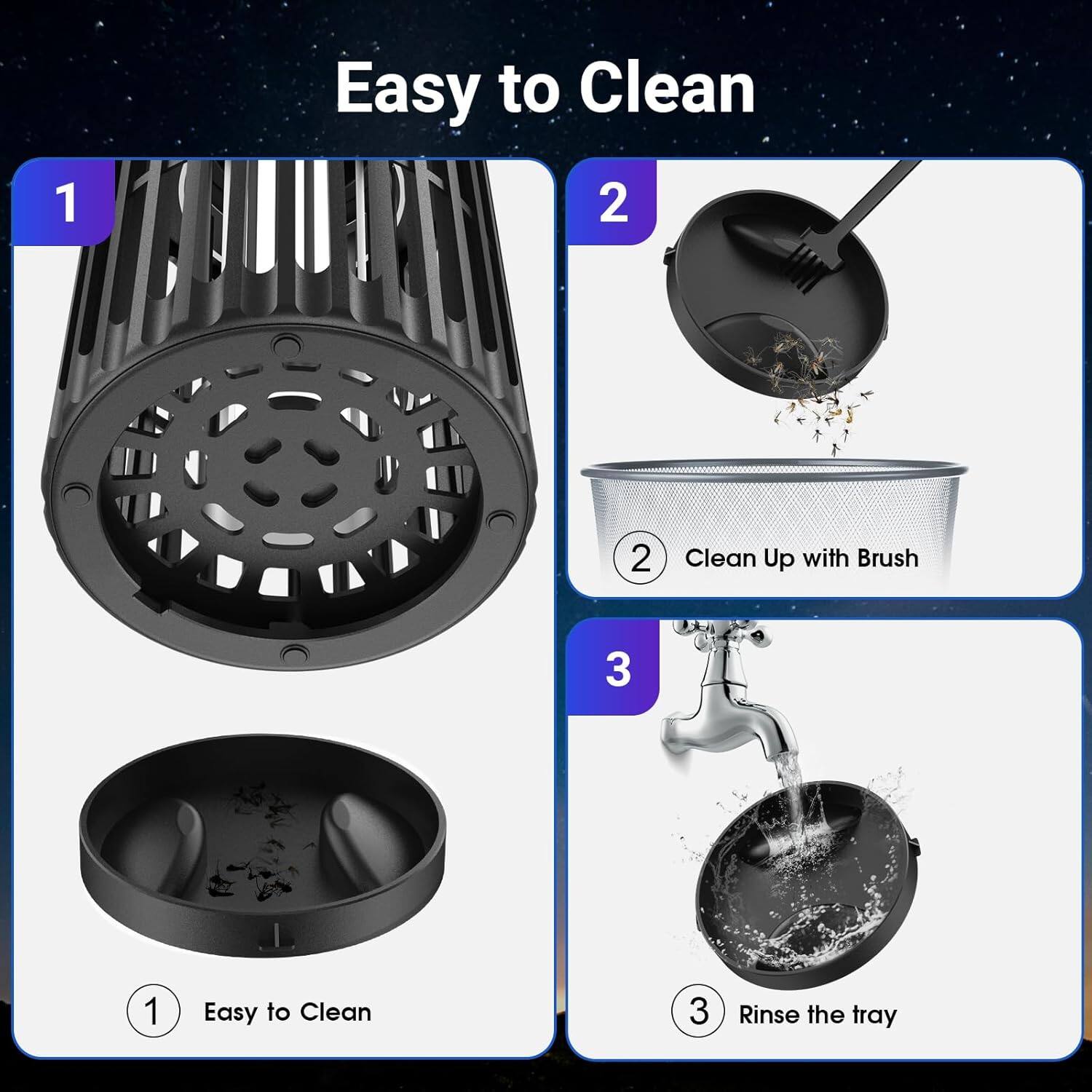 1. Easy to Clean  
2. Clean Up with Brush  
3. Rinse the tray