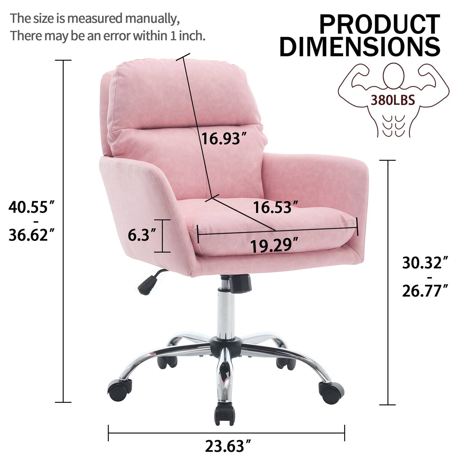 The size is measured manually, there may be an error within 1 inch.

PRODUCT DIMENSIONS

380LBS

- Height: 40.55"
- Width: 36.62"
- Depth: 16.93"
- Seat Height: 16.53"
- Seat Depth: 19.29"
- Armrest Height: 6.3"
- Overall Width: 30.32"
- Overall Depth: 26.77"
- Base Width: 23.63"