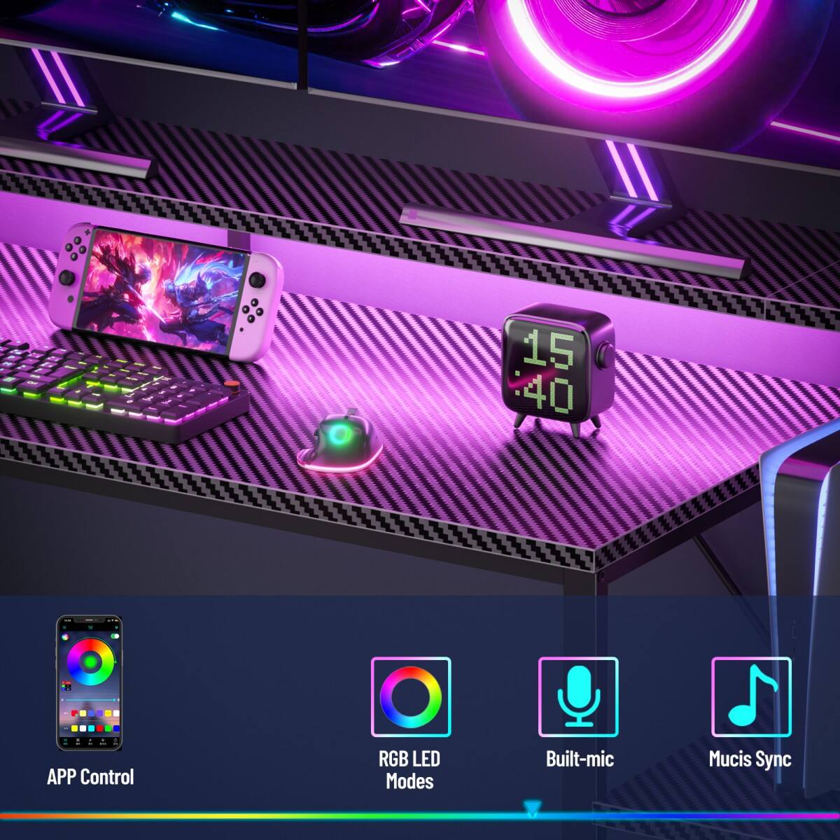 OK  
IS X  
15 40  
St  
1 APP Control  
RGB LED Modes  
Built-mic  
Music Sync