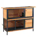 Front. Pawhut - Wooden 48" 2-Story Large Rabbit Hutch, Metal Frame with Individual Room, Ramp, No Leak Tray, Feeding Trough.