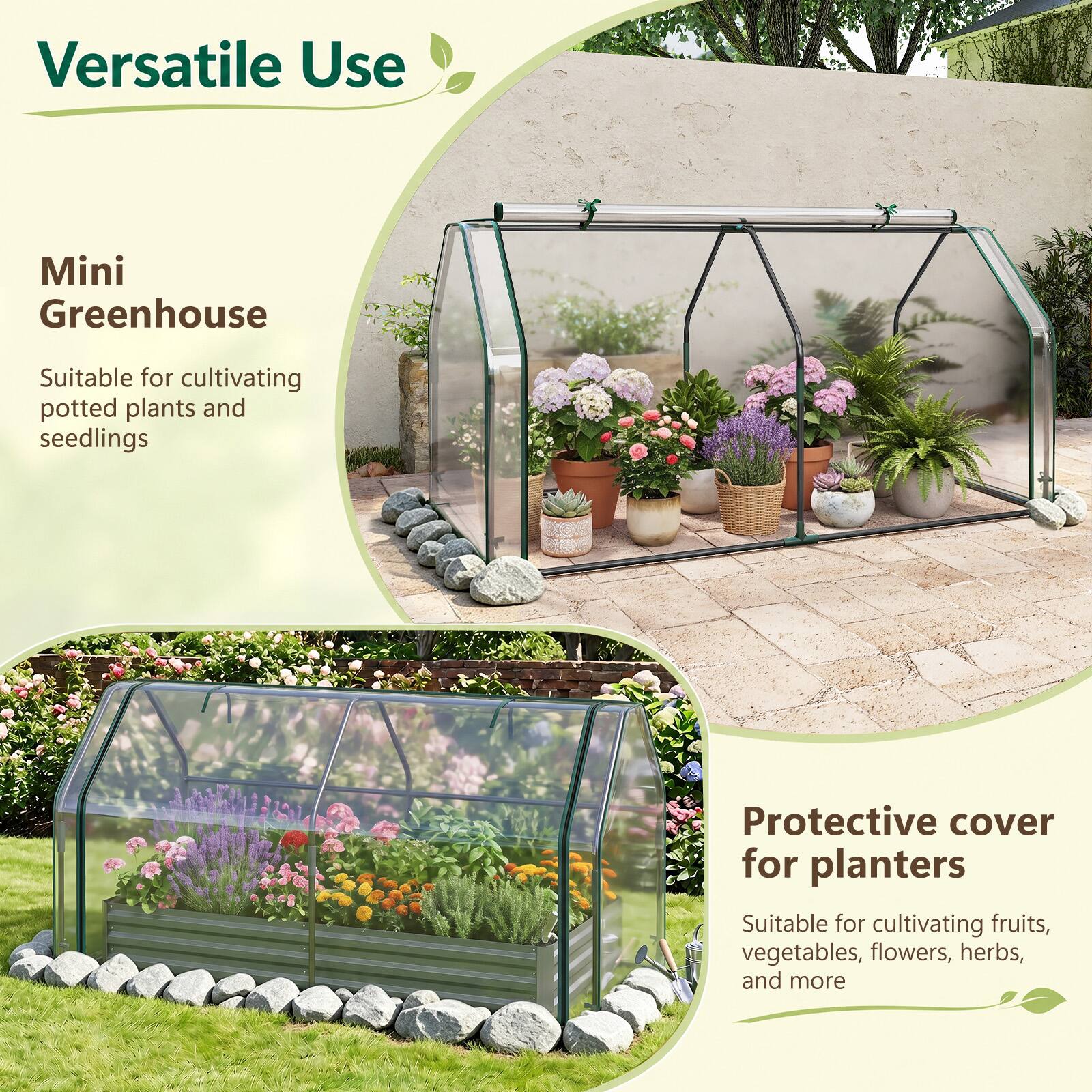 Versatile Use

Mini Greenhouse
Suitable for cultivating potted plants and seedlings

Protective cover for planters
Suitable for cultivating fruits, vegetables, flowers, herbs, and more