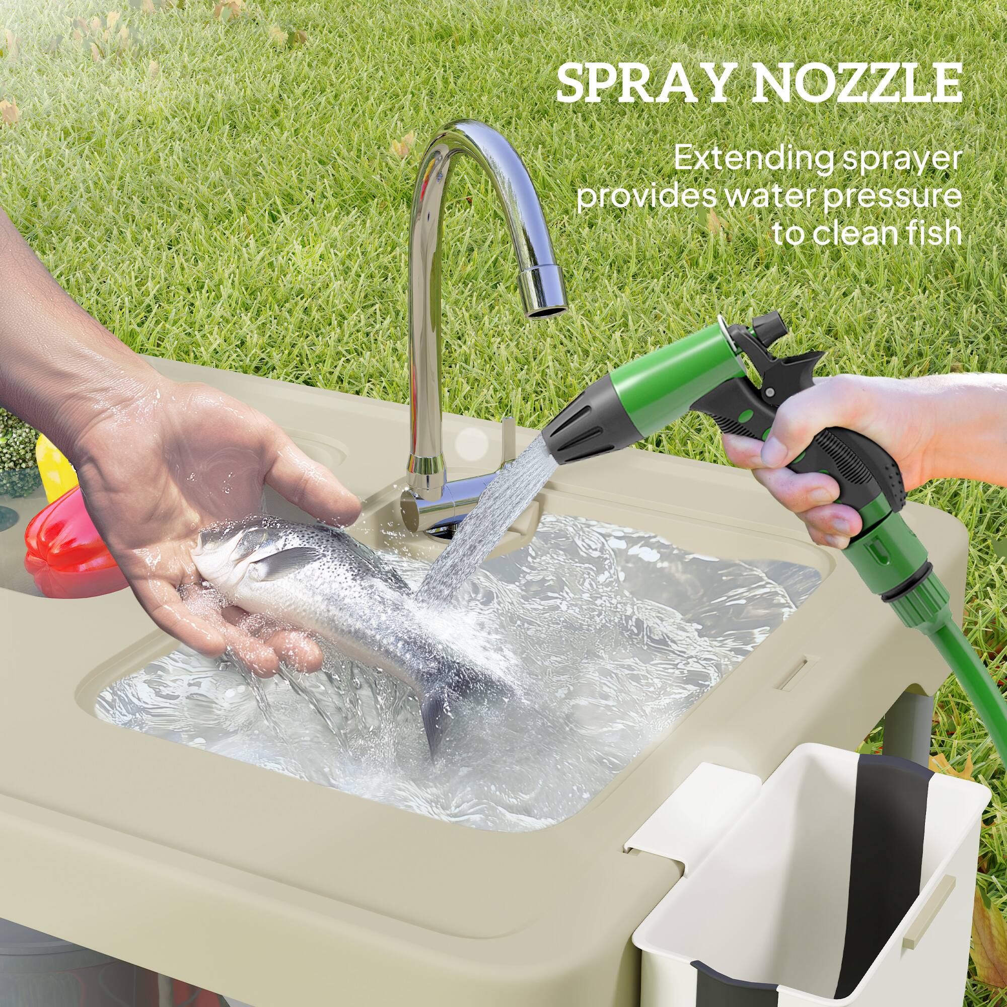 SPRAY NOZZLE Extending sprayer provides water pressure to clean fish