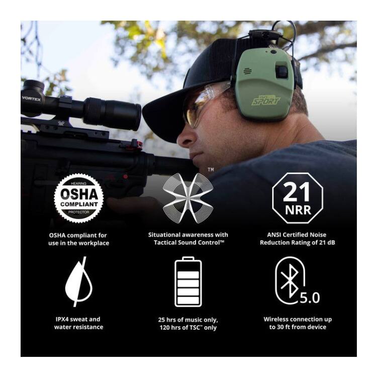 VORTEX SPORT HEARING OSHA COMPLIANT PROTECTOR™ 21 NRR

- OSHA compliant for use in the workplace
- Situational awareness with Tactical Sound Control™
- ANSI Certified Noise Reduction Rating of 21 dB
- IPX4 sweat and water resistance
- 25 hrs of music only, 120 hrs of TSC only
- Wireless connection up to 30 ft from device