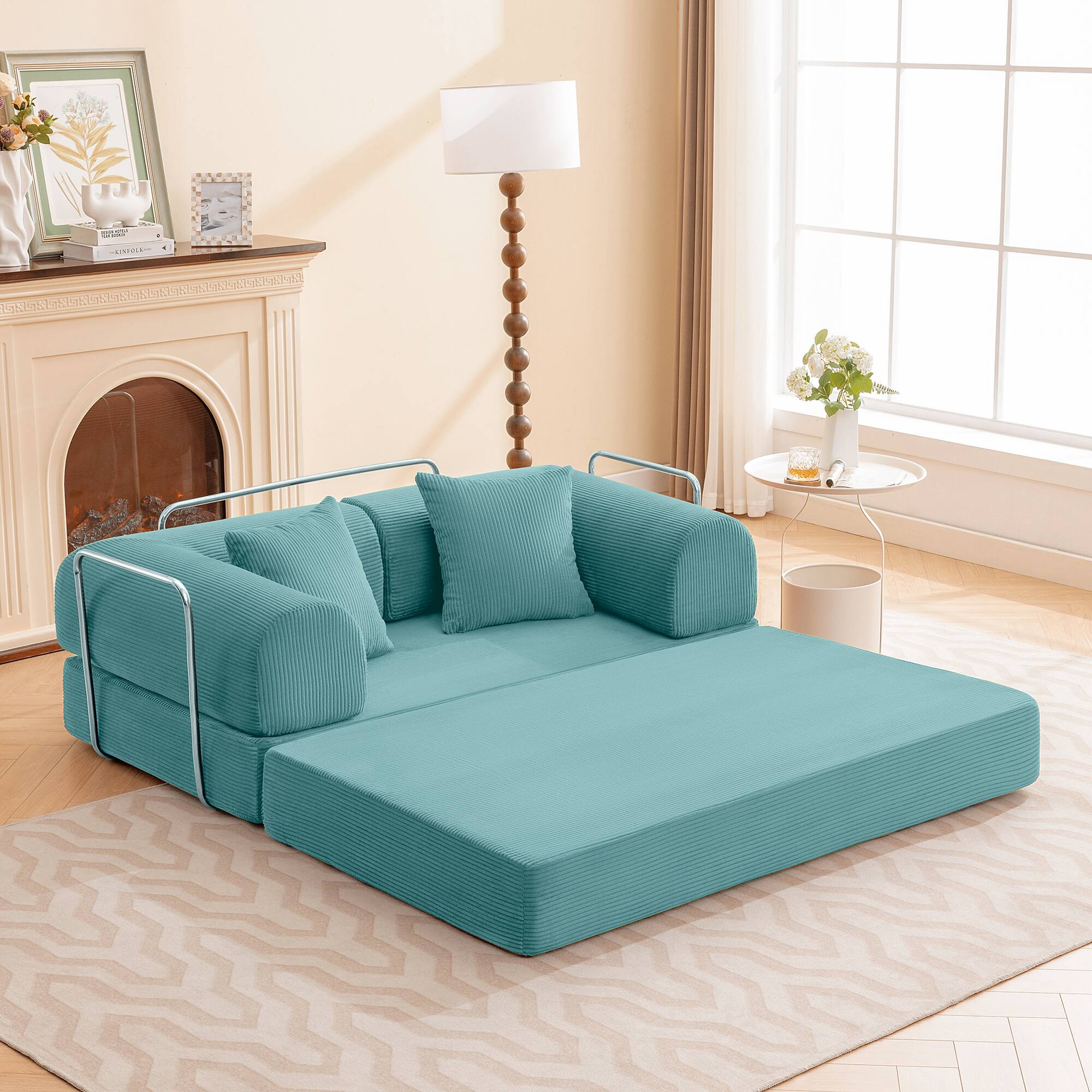 Alt View 8. KERDOM - 62'' Wide Corduroy Sleeper Sofa Bed, Convertible Loveseat Sofa With Pull-out Bed, Foldable Spliced Block Lounge Couch - Aqua Blue.