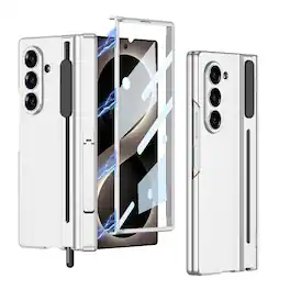 Dteck - Shockproof Case for Samsung Galaxy Z Fold8 Ultra with Stylus Pen Holder, Rigid Plastic Cover Built in Screen Film Stand - Silver