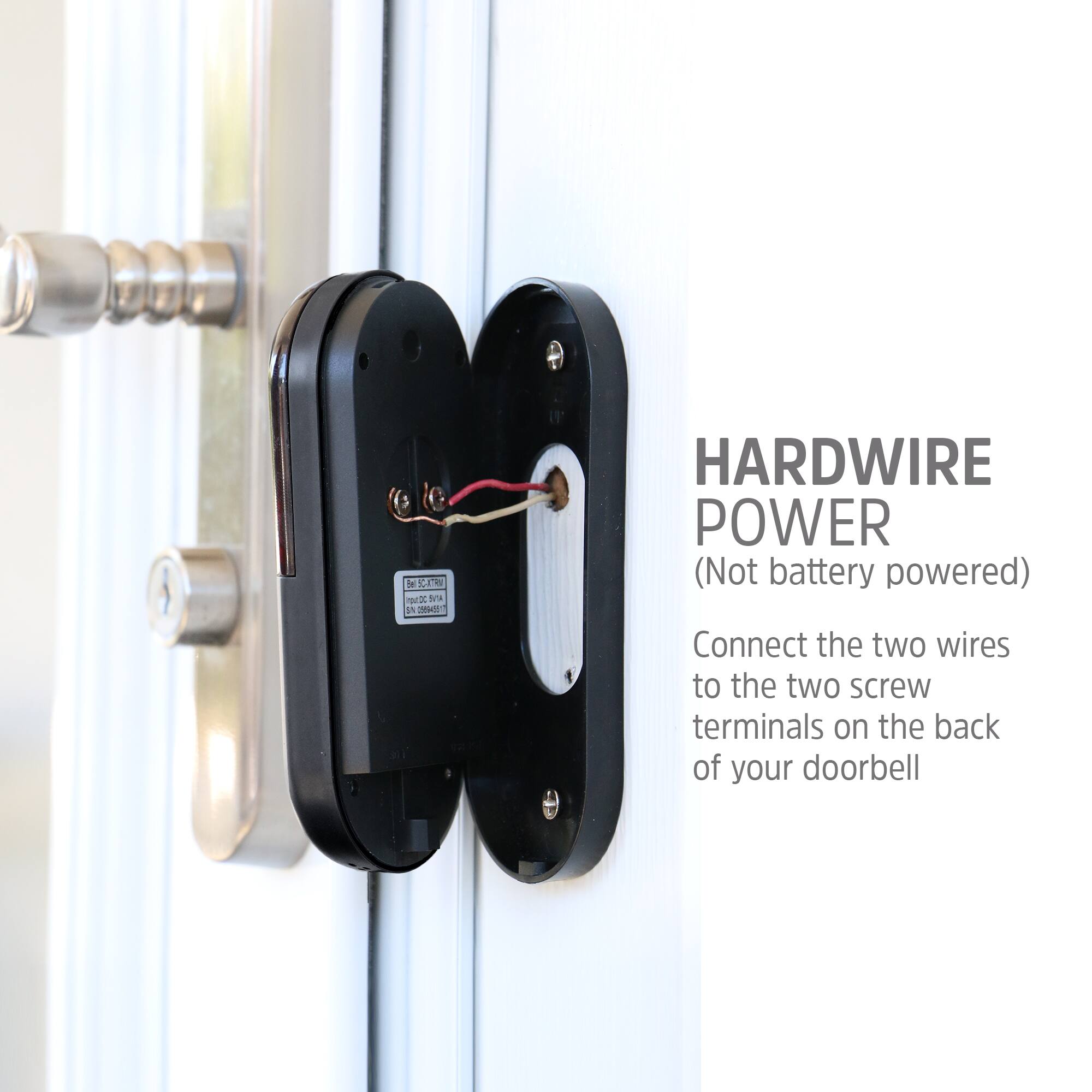 HARDWIRE POWER  
(Not battery powered)  
Connect the two wires to the two screw terminals on the back of your doorbell