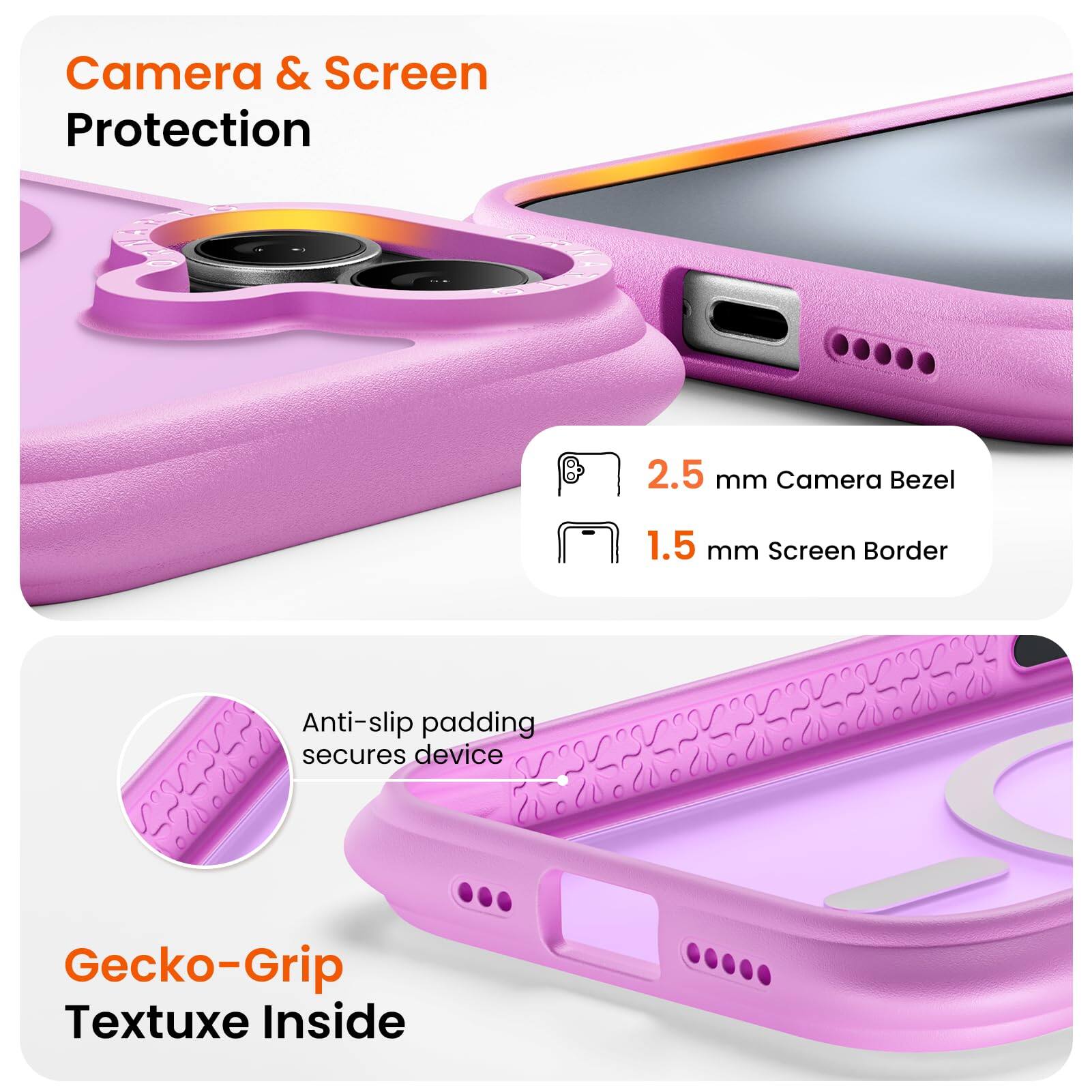 Camera & Screen Protection  
2.5 mm Camera Bezel  
1.5 mm Screen Border  
Anti-slip padding secures device  
Gecko-Grip Textuxe Inside