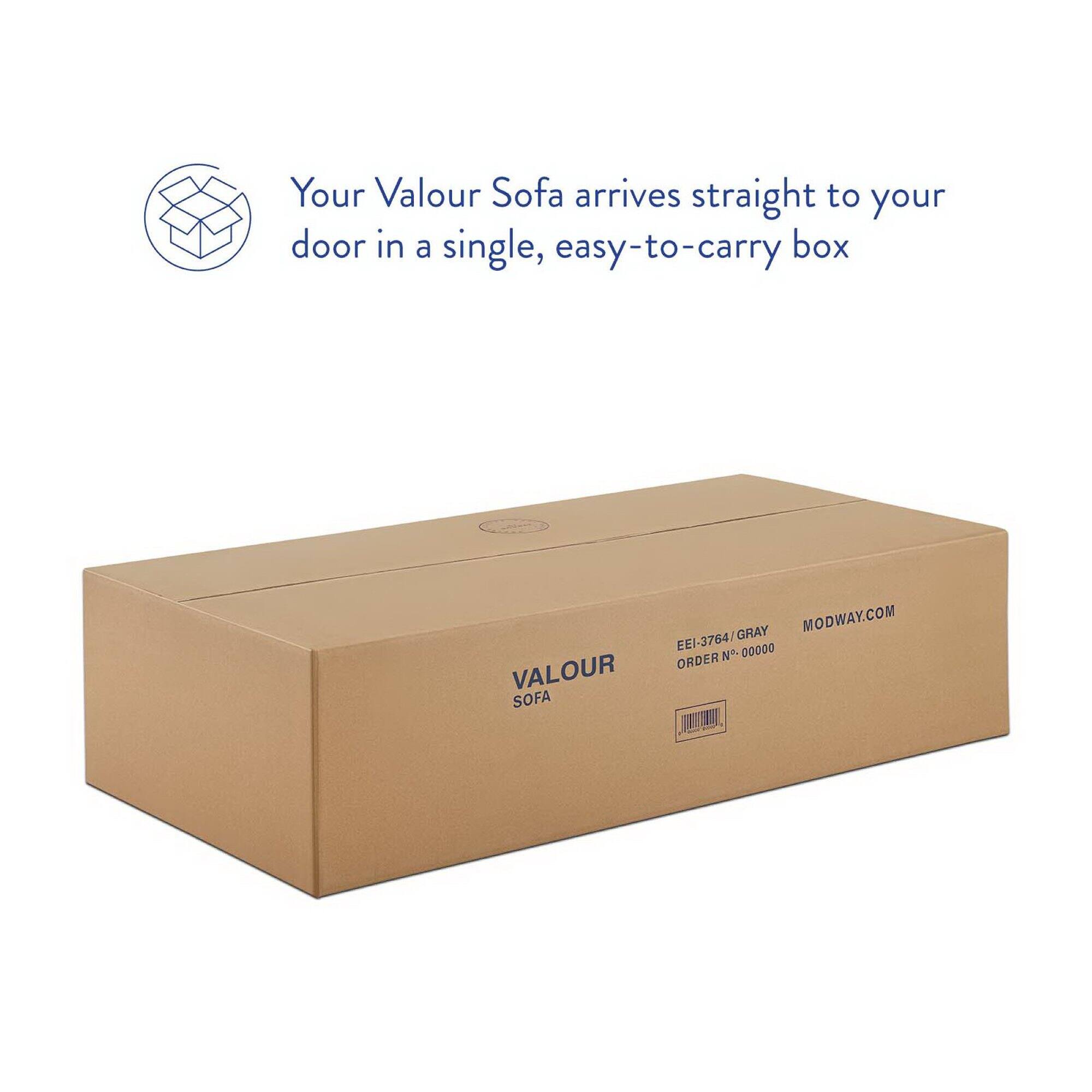 Your Valour Sofa arrives straight to your door in a single, easy-to-carry box

EEI-3764/GRAY  
ORDER N° 00000  
MODWAY.COM