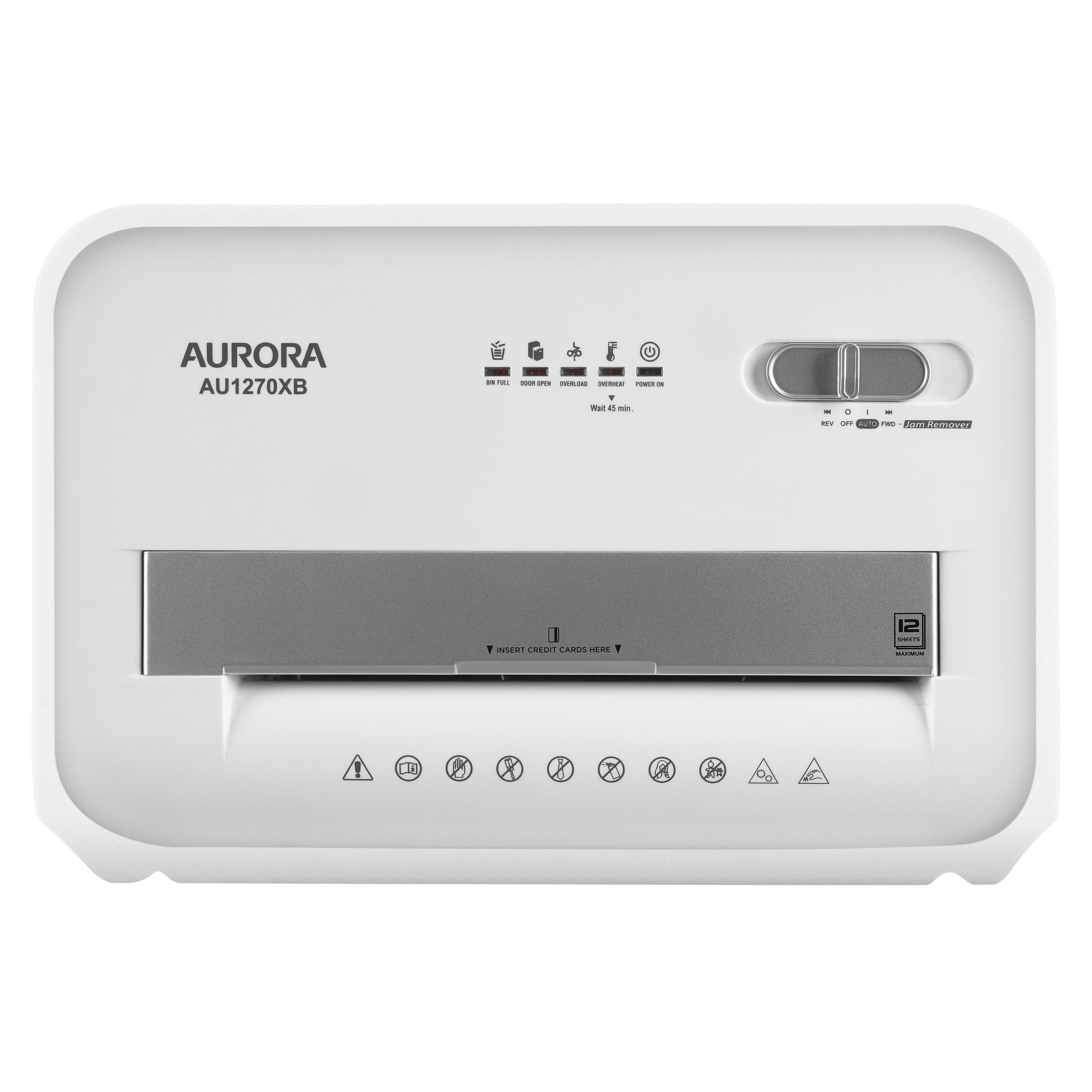 AURORA  
AU1270XB  

INSERT CARDS HERE  

OVERLOAD  
OVERHEAT  
POWER ON  
Wait 4 min.  

REV OFF  
AUTO  
Jam Remove  

12  
SLOTS  
MAXIMUM  

INSERT CREDIT