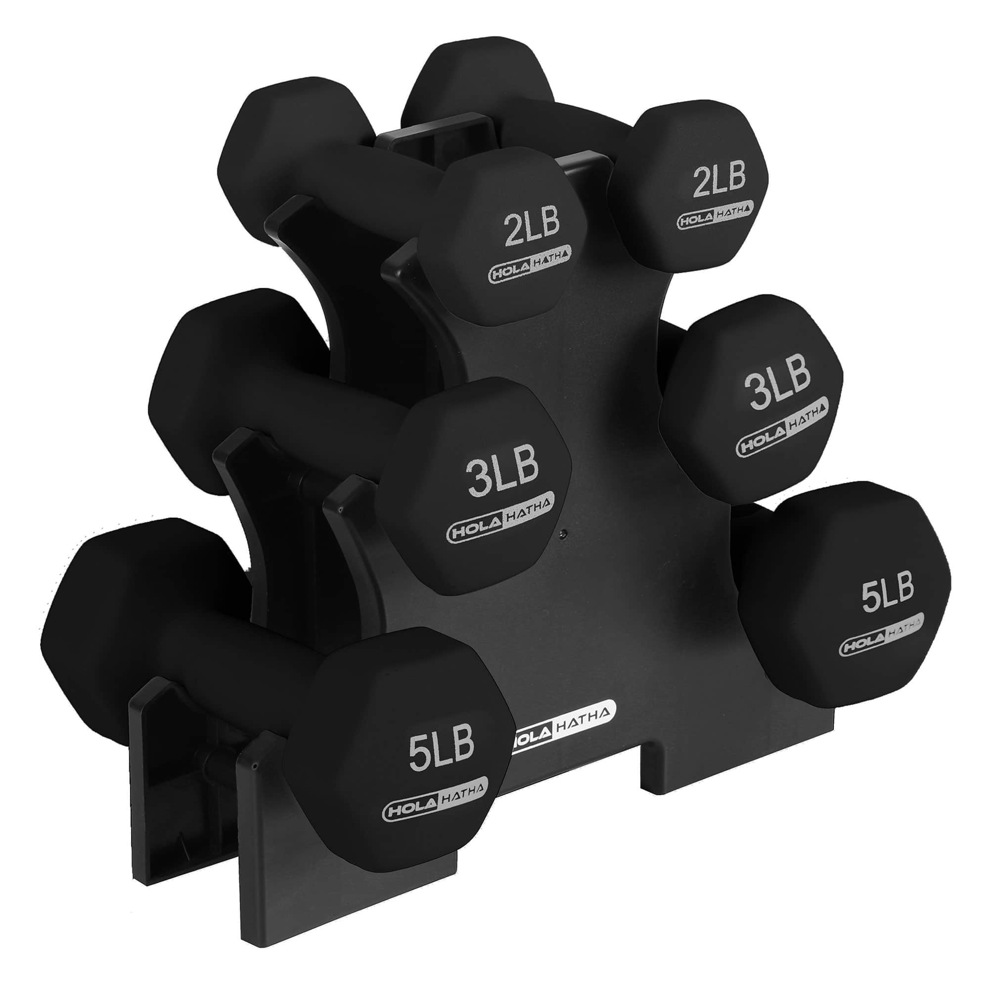 HolaHatha - 2, 3, and 5 Pound Neoprene Dumbbell Free Hand Weight Set w/Rack - Black