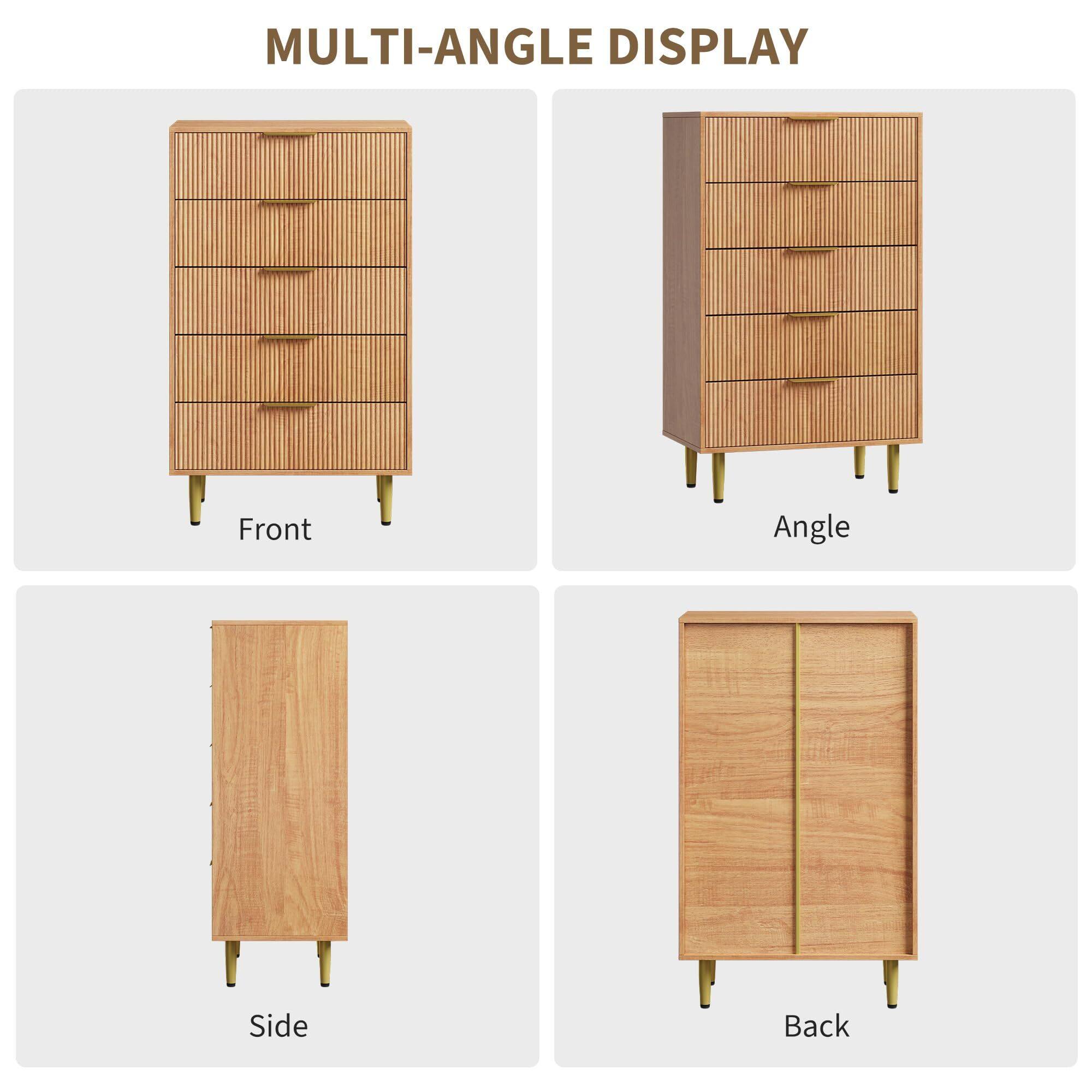 Alt View 5. Acekool - Fluted Dresser for Bedroom with 5 Drawers, Wooden Chest of Drawers with Metal Handle & Feet - Yellow.