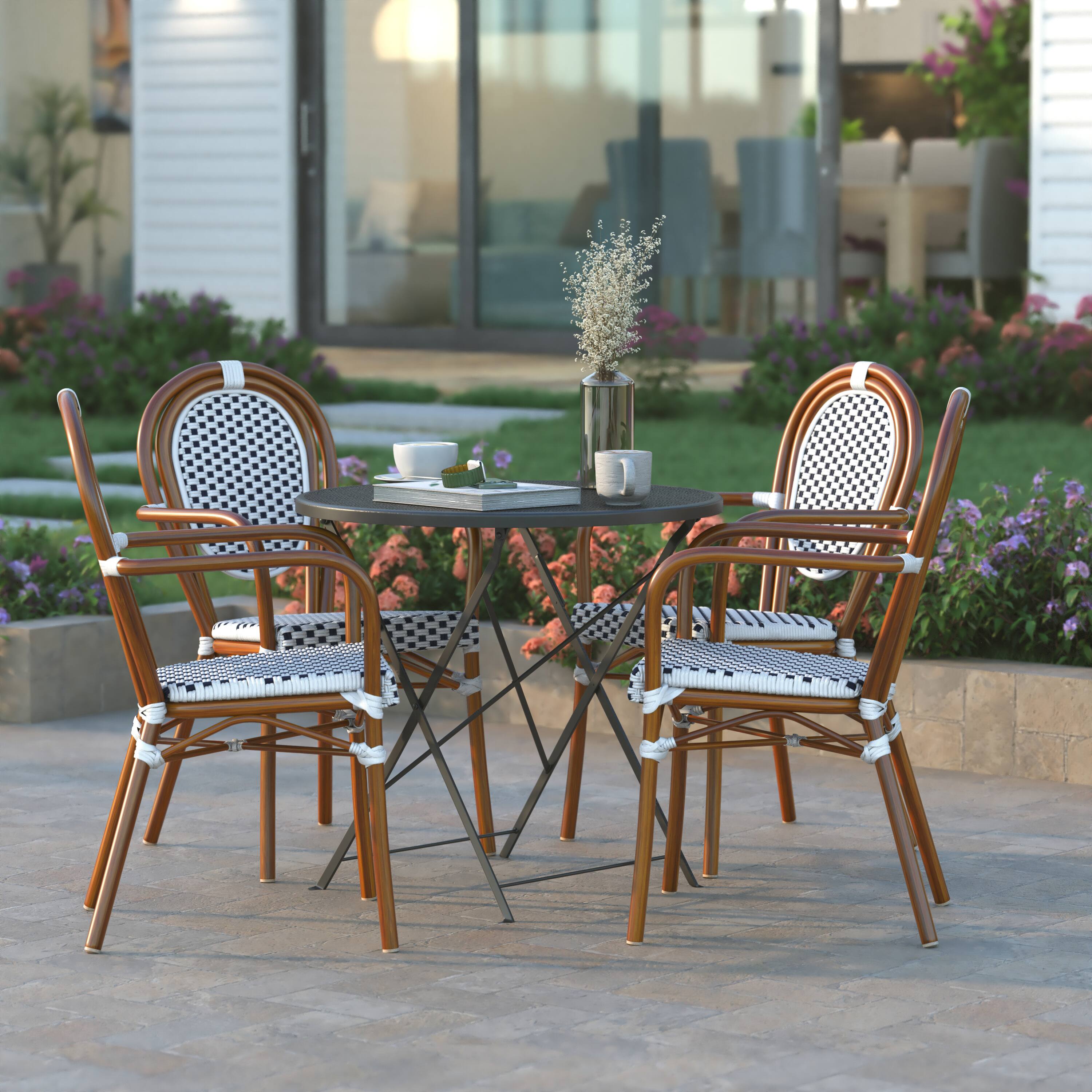 Alt View 4. Emma + Oliver - Colmar Set of Four Indoor/Outdoor Stacking Thonet Bistro Style Chairs with Arms, PE Rattan Seat and Finished Metal Frame - White & Navy/Natural Frame.