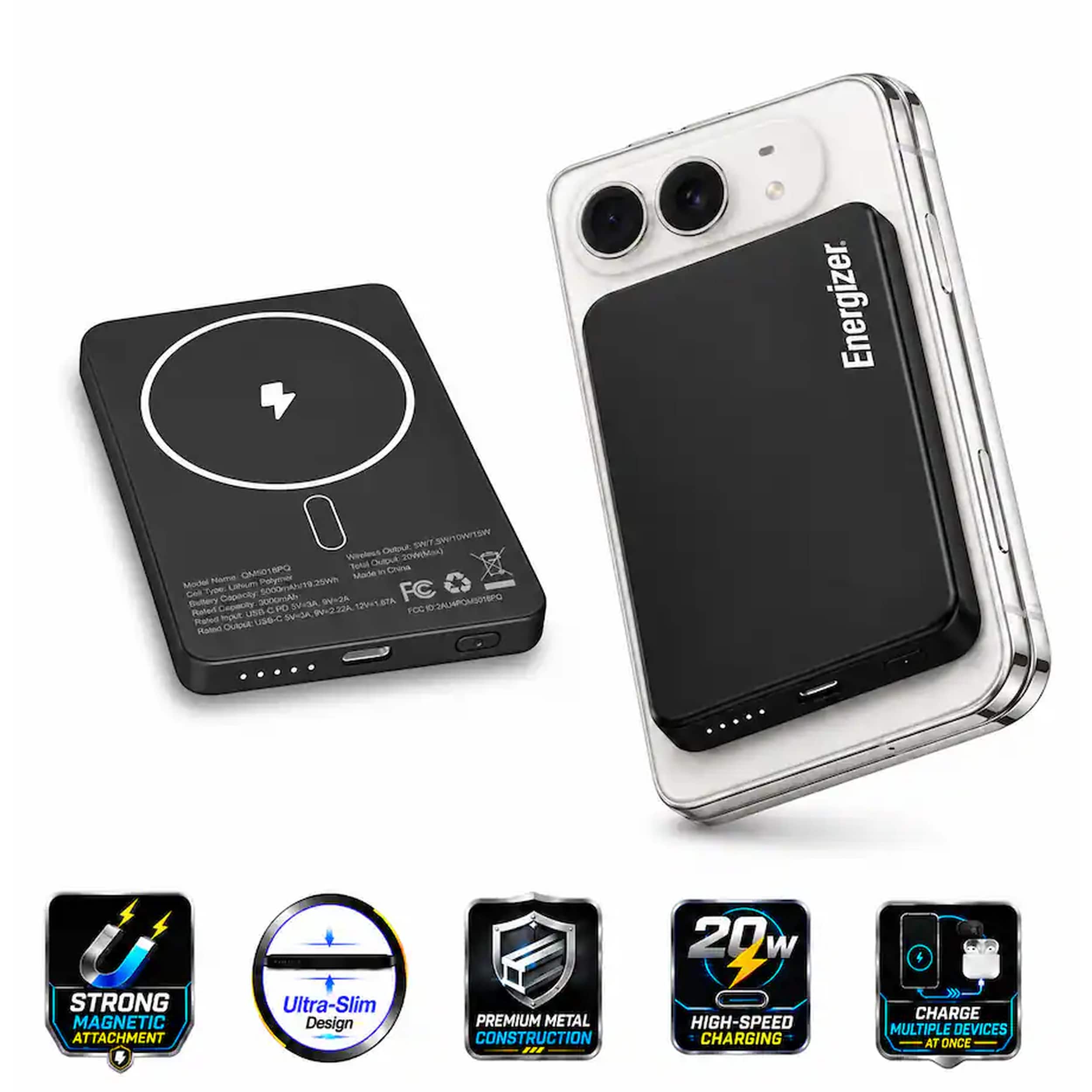 Energizer - 5,000mAh SLIM METAL 20W Magnetic Wireless Qi/Qi2.0/MagSafe PowerBank, Portable Charger, 2 Outputs, LED Display, & USB-C - Black