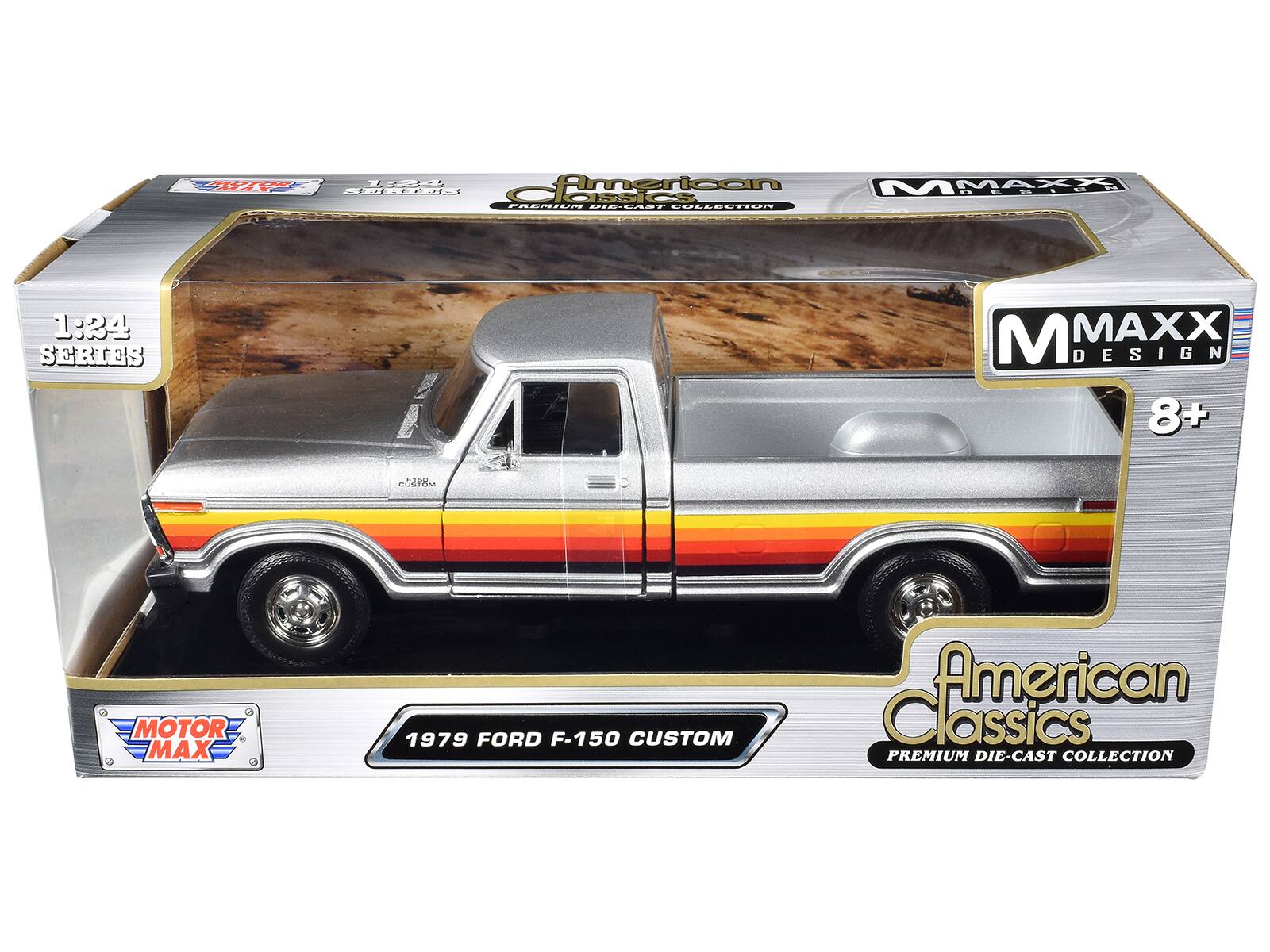 Sure, here is the corrected and grouped text from the image:

---

**Front:**

- **MOTOR MAX**
- **1:24 SERIES**
- **M MAXX DESIGN**
- **8+**
- **American Classics**
- **PREMIUM DIE-CAST COLLECTION**
- **1979 FORD F-150 CUSTOM**

**Top:**

- **M MAXX DESIGN**
- **1:24 SERIES**

**Side:**

- **M MAXX DESIGN**
- **8+**
- **American Classics**
- **PREMIUM DIE-CAST COLLECTION**

**Bottom:**

- **MOTOR MAX**

---