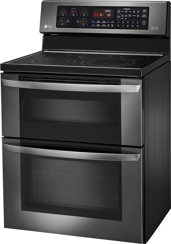 Left. LG - 6.7 Cu. Ft. Freestanding Double Oven Electric Convection Range - Black Stainless Steel.