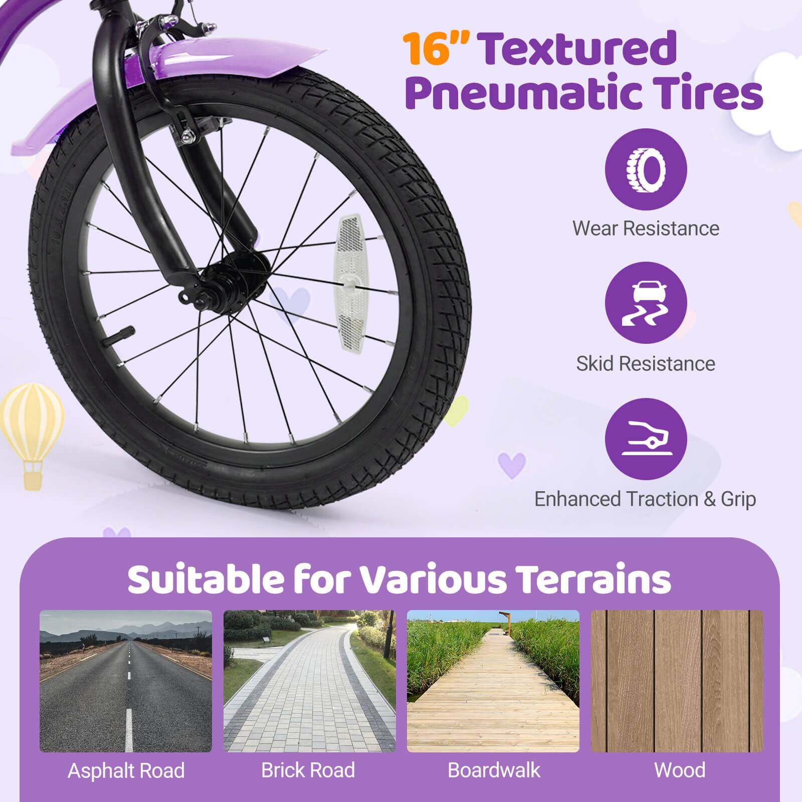 16" Textured Pneumatic Tires

- Wear Resistance
- Skid Resistance
- Enhanced Traction & Grip

Suitable for Various Terrains

- Asphalt Road
- Brick Road
- Boardwalk
- Wood