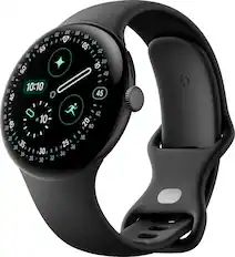 Front. Google - Google Pixel Watch 4 (45mm) - Wi-Fi - Matte Black Case - Obsidian Band.