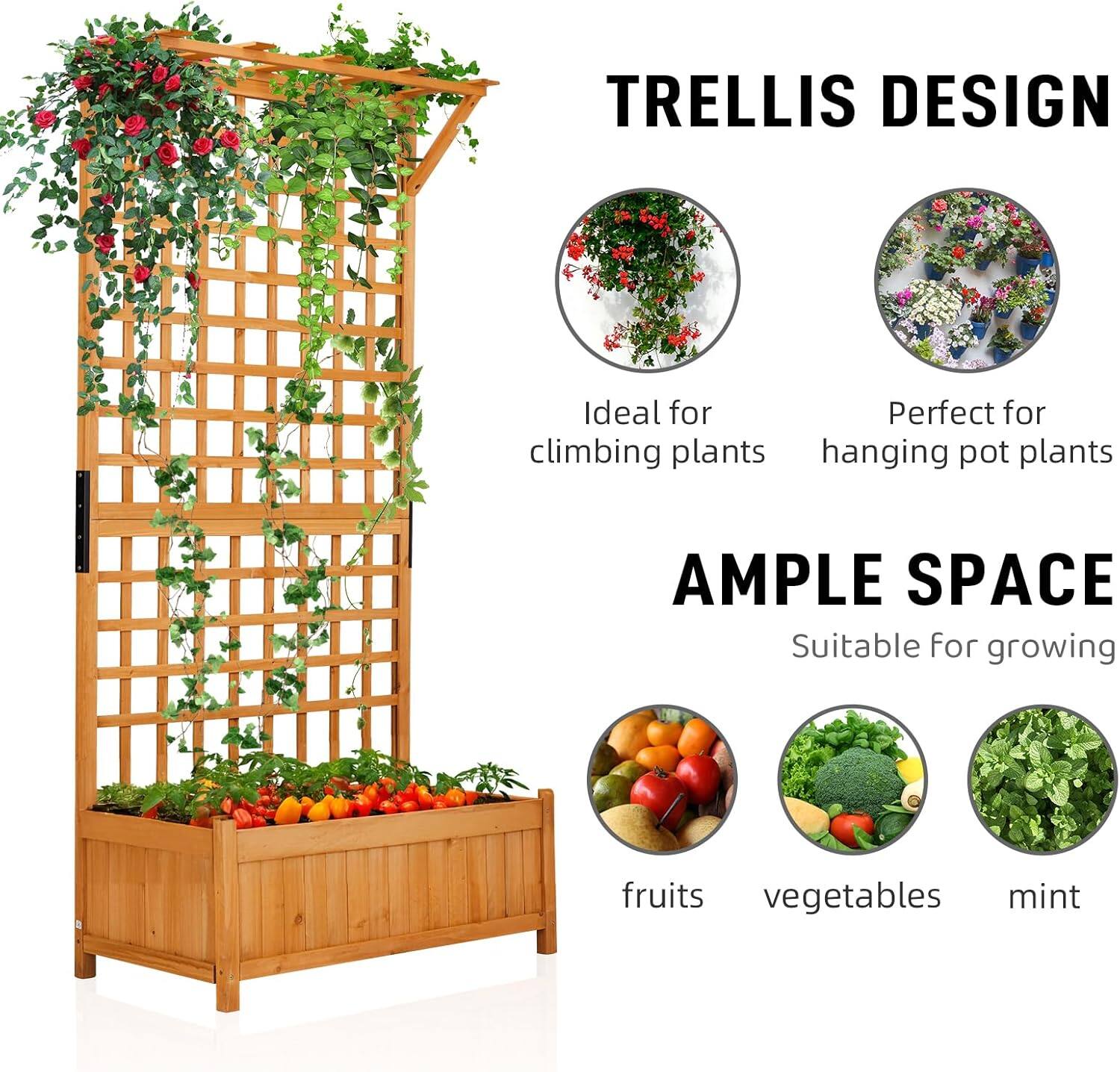 TRELLIS DESIGN  
Ideal for climbing plants  
Perfect for hanging pot plants  

AMPLE SPACE  
Suitable for growing  
fruits, vegetables, mint