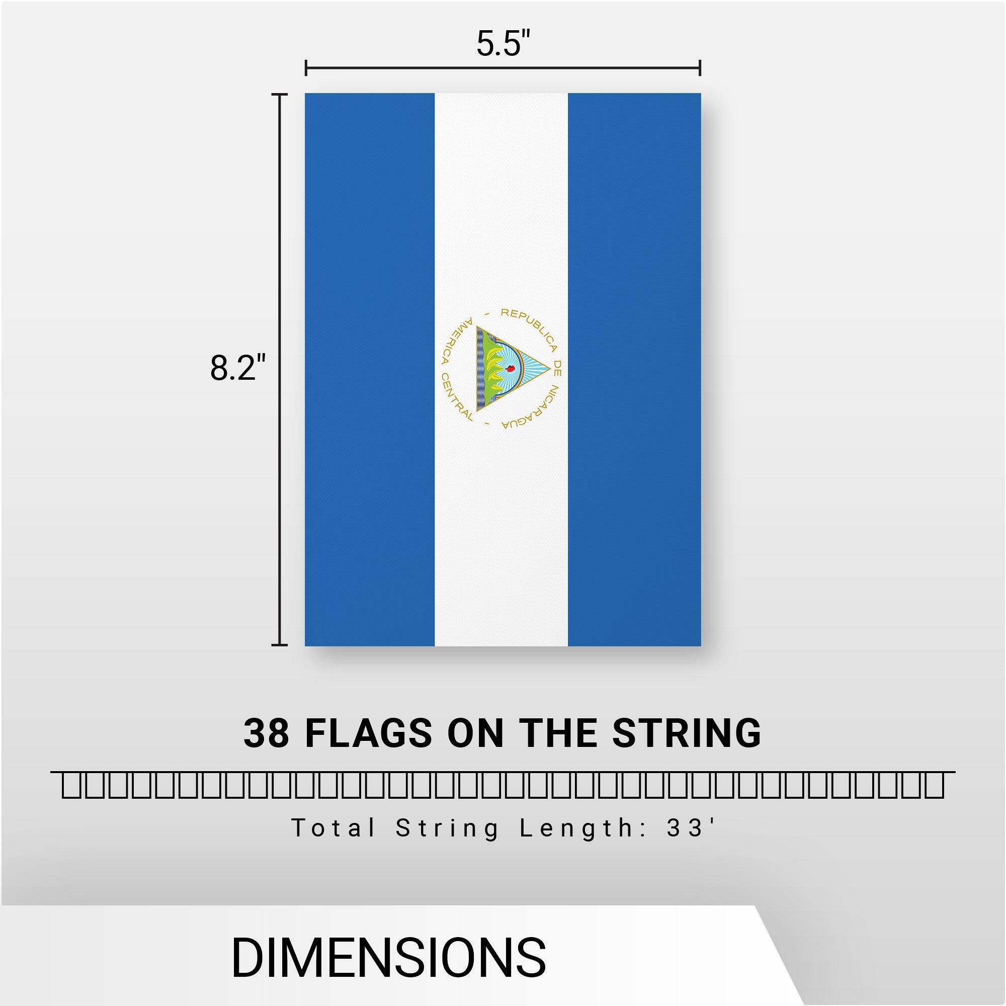 5.5" x 8.2"  
AMERICA REPUBLIC DE CENTRAL  
NICARAGUA  
38 FLAGS ON THE STRING  
Total String Length: 33'  
DIMENSIONS