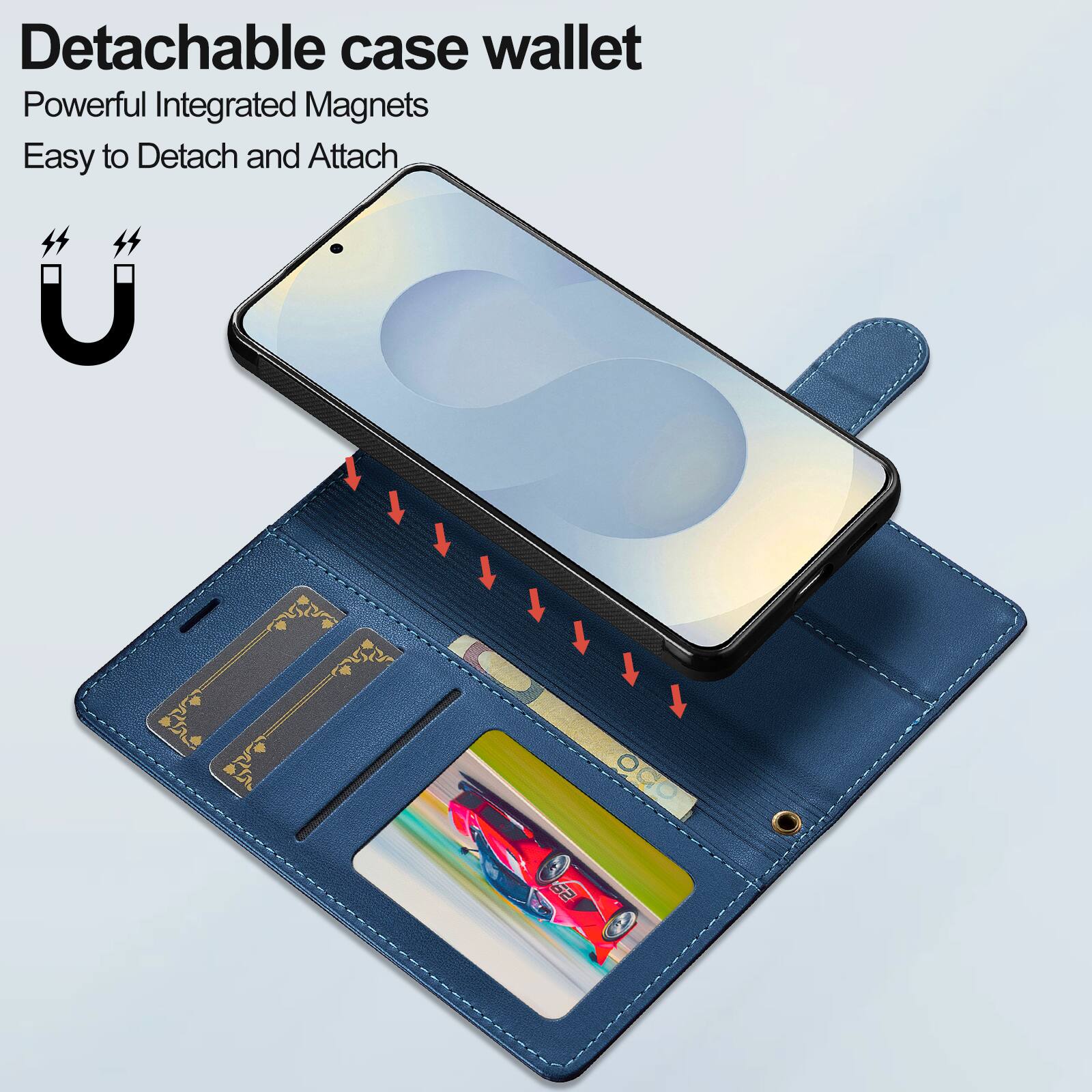 Detachable case wallet  
Powerful Integrated Magnets  
Easy to Detach and Attach