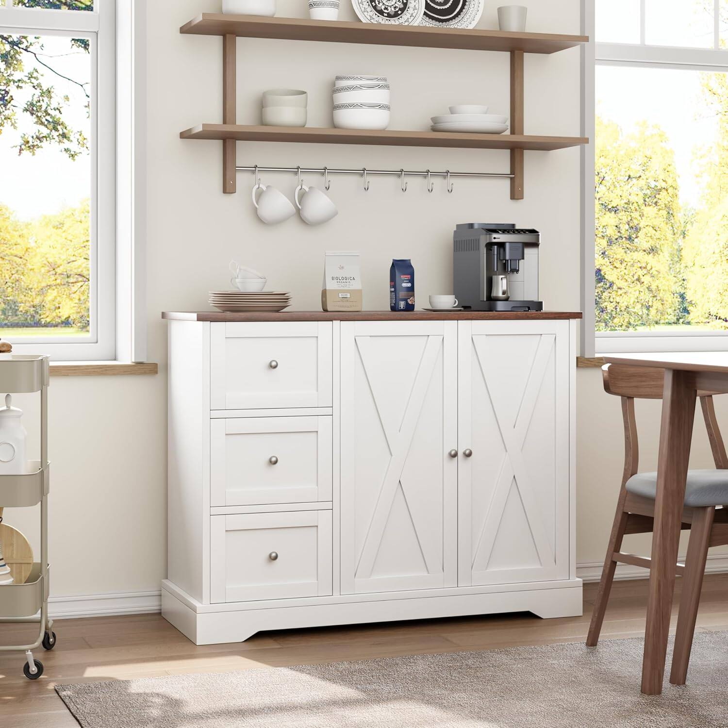 Alt View 8. Qeetex - Farmhouse Buffet Cabinet with 3 Drawers and 2 Doors for Kitchen, Dining Living Room - White.