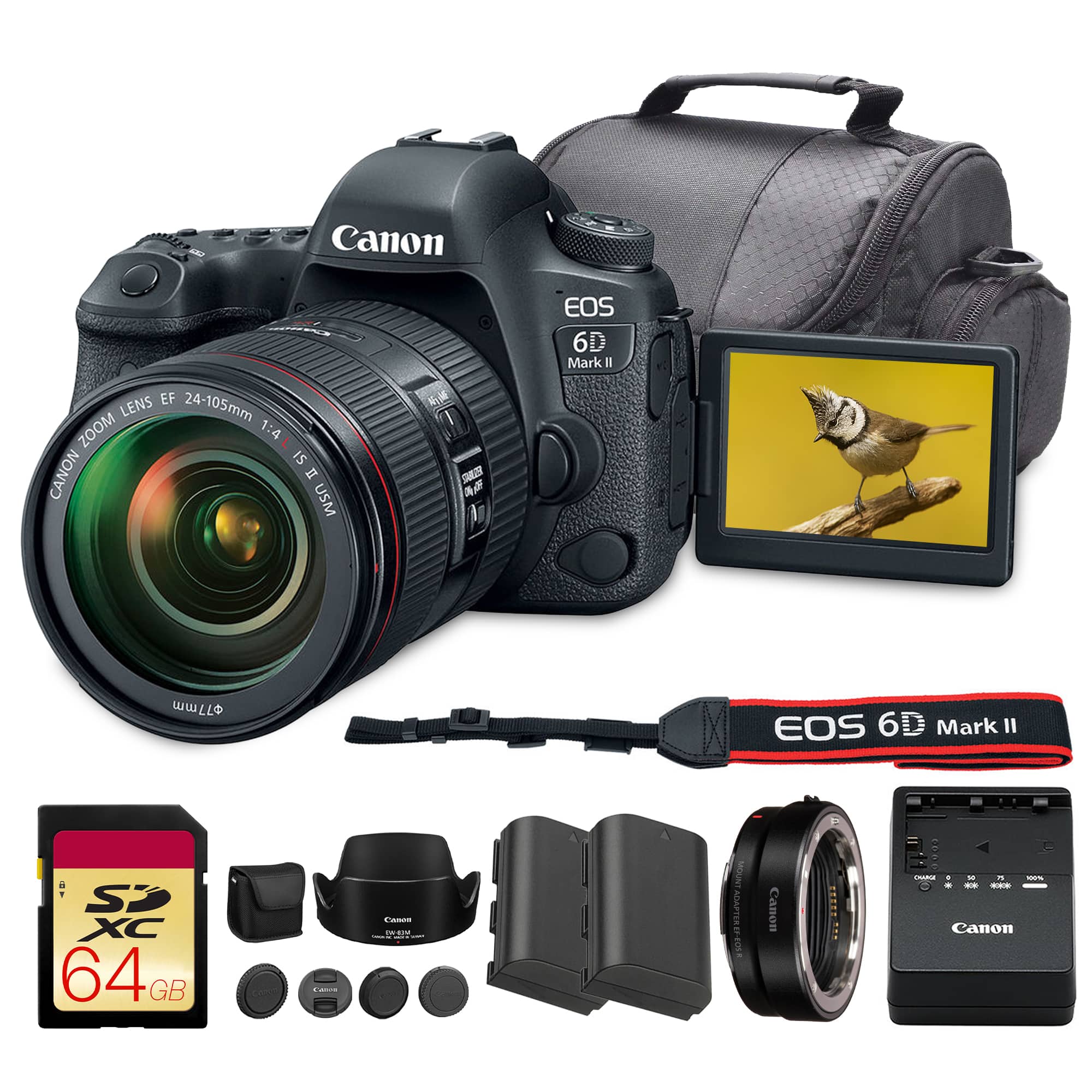 Canon - EOS 6D Mark II DSLR Camera with 24-105mm f/4L II Lens+ Adapter EF-EOS R + More