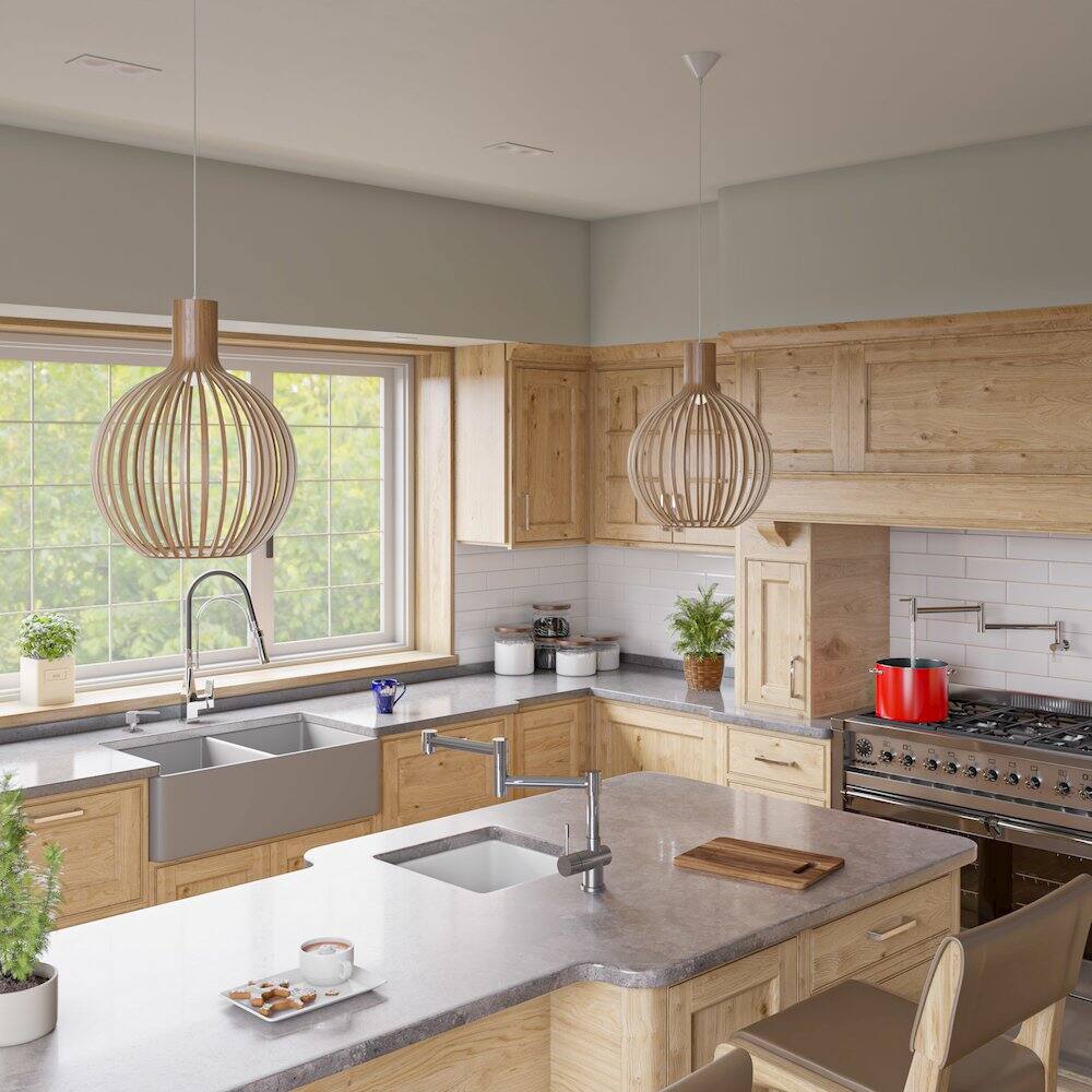 Back. Alfi - Gray Matte Smooth Apron 33" x 18" Double Bowl Fireclay Farm Sink - Gray.