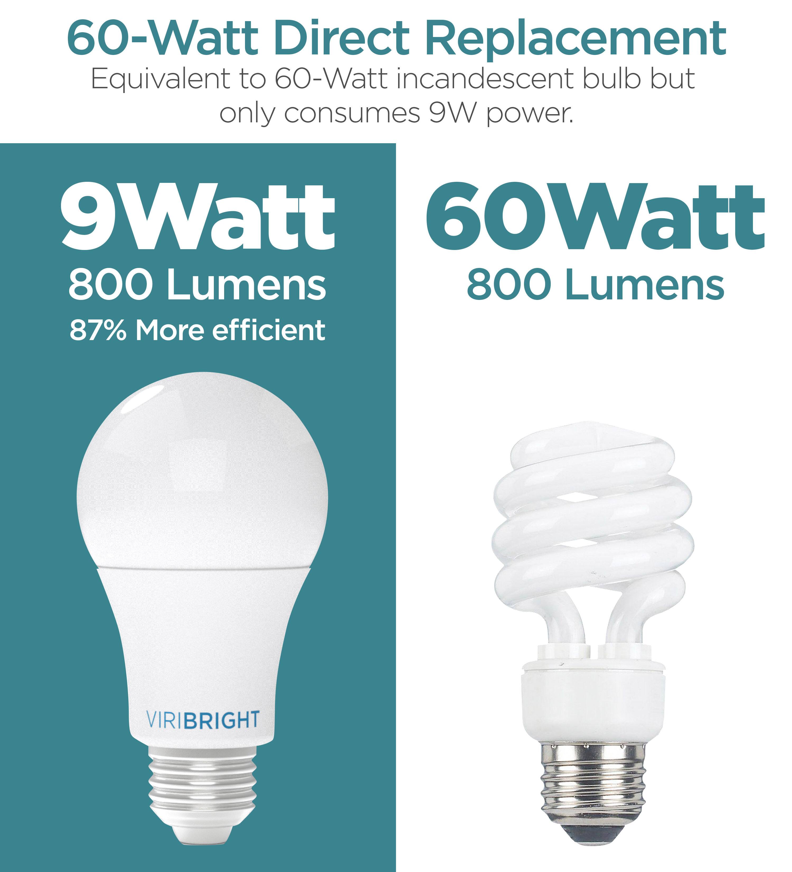 60-Watt Direct Replacement  
Equivalent to 60-Watt incandescent bulb but only consumes 9W power.  

9Watt  
800 Lumens  
87% More efficient  

60Watt  
800 Lumens  

VIRIBRIGHT