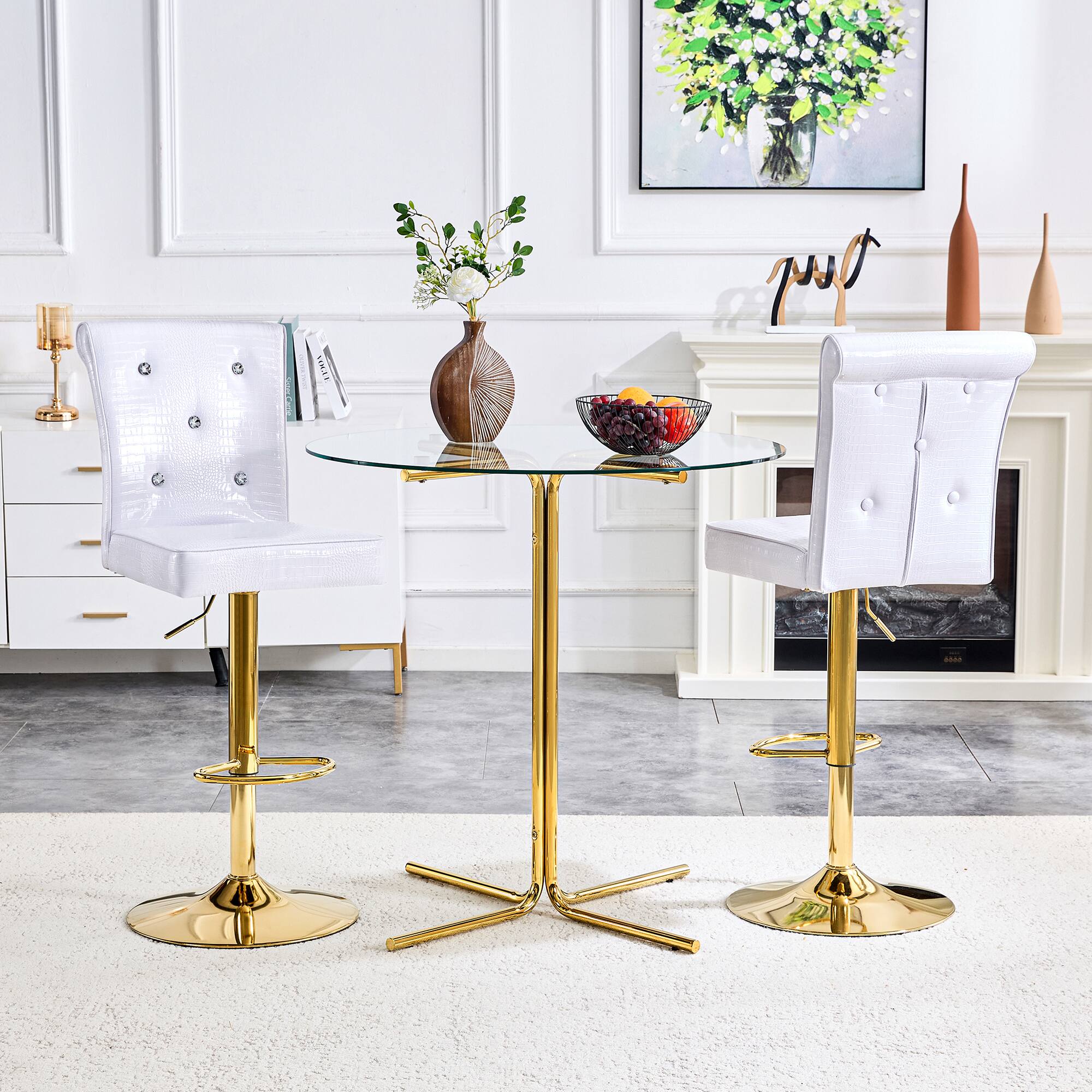 Left. Loheer - Faux Crocodile Lift Chairs Set of 2 Crystal Tufted Dining Seating 1.8x1.42x4.08ft - White.