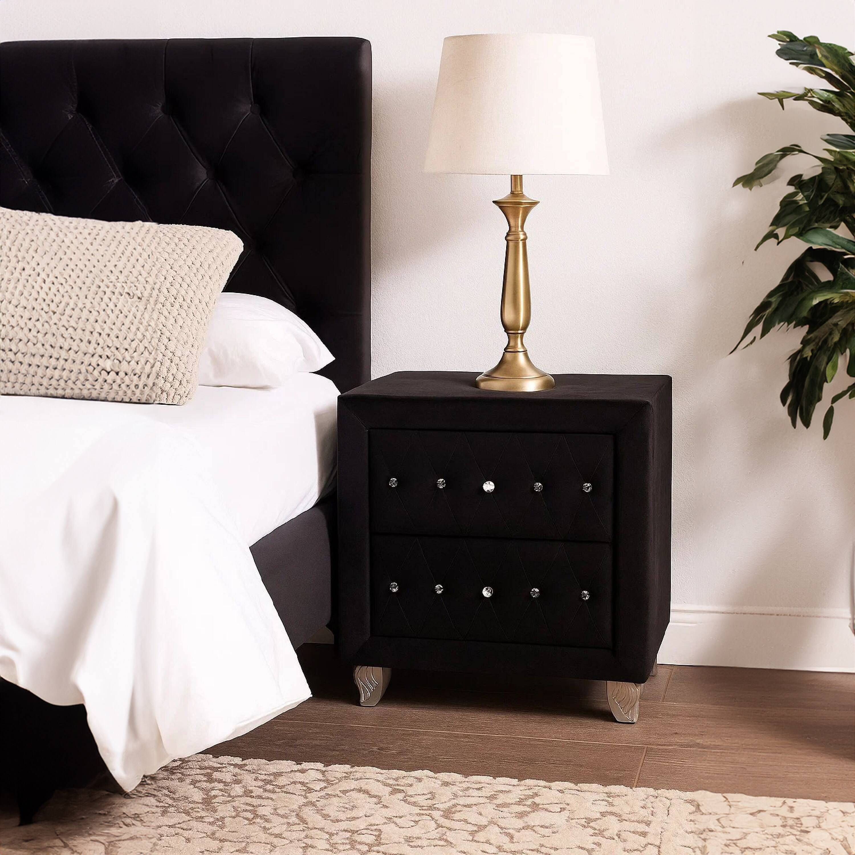 Alt View 6. Manhattan Lane - Rea Nightstand, 2 Drawers with Crystal Knobs, Black Velvet Upholstery - Black.