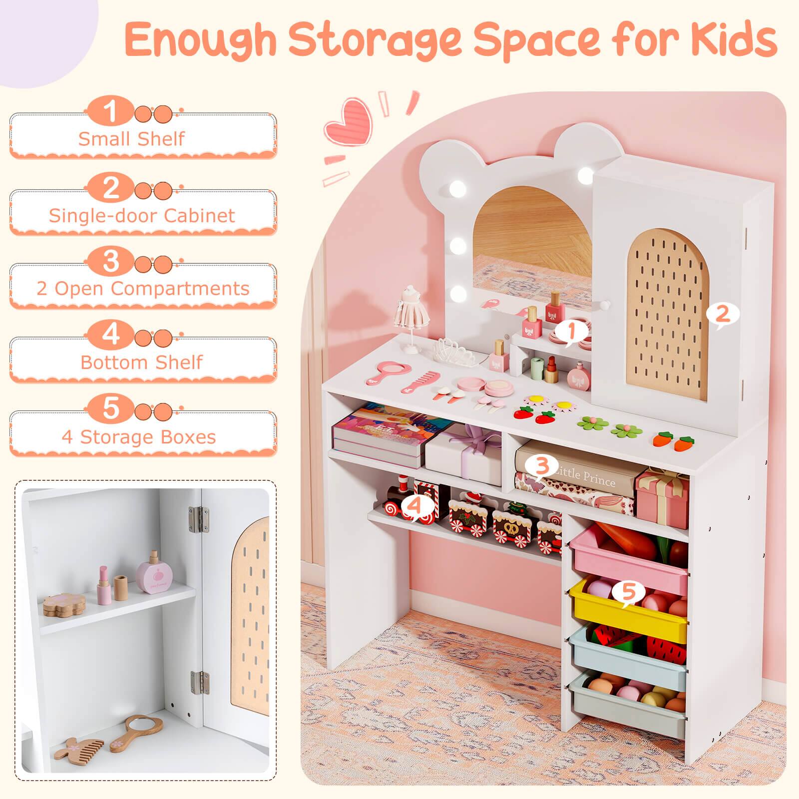Enough Storage Space for Kids

1. Small Shelf
2. Single-door Cabinet
3. 2 Open Compartments
4. Bottom Shelf
5. 4 Storage Boxes