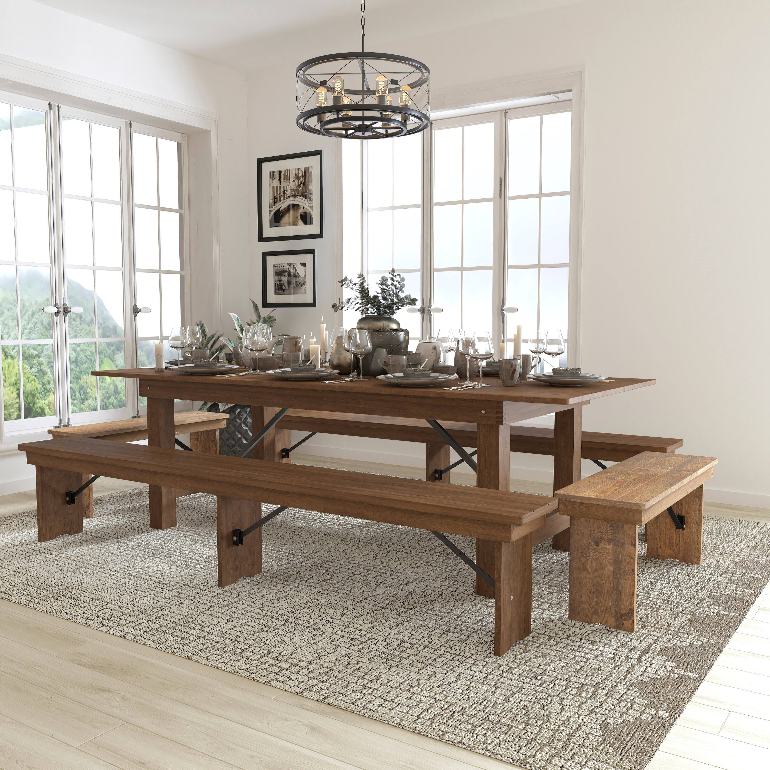 Angle. Flash Furniture - HERCULES Series 8' x 40'' Antique Rustic Folding Farm Table and Four Bench Set - Brown.