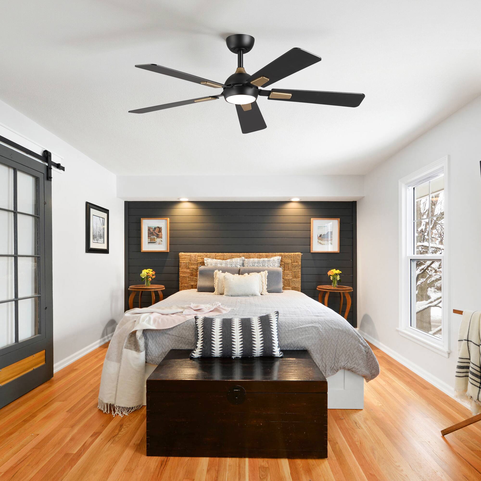 Angle. Vaczon - 52 In. Modern Dimmable 3CCT LED Smart Ceiling Fan with Light, Remote and App Control, Double-Sided Blades, 6-Speed - Matte Black.