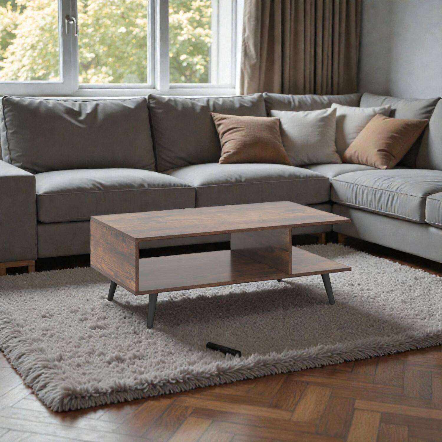 Front. Hivvago - Modern Rectangle Accent Table Featuring Two Tiers and Open Storage - Rustic Brown.