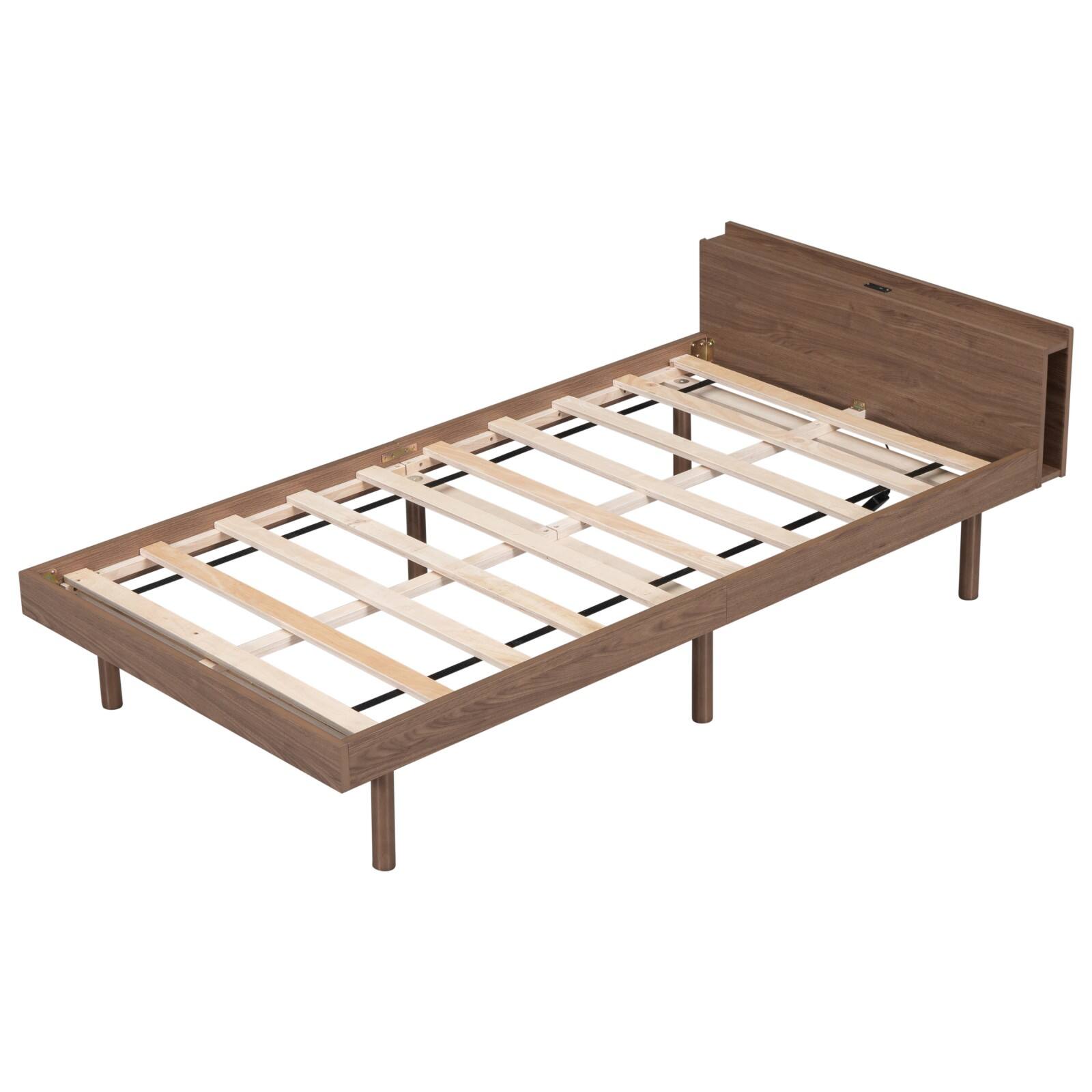 Front. Ecooso - Modern Design Twin Size Platform Bed Frame with Built-in USB port - Walnut.
