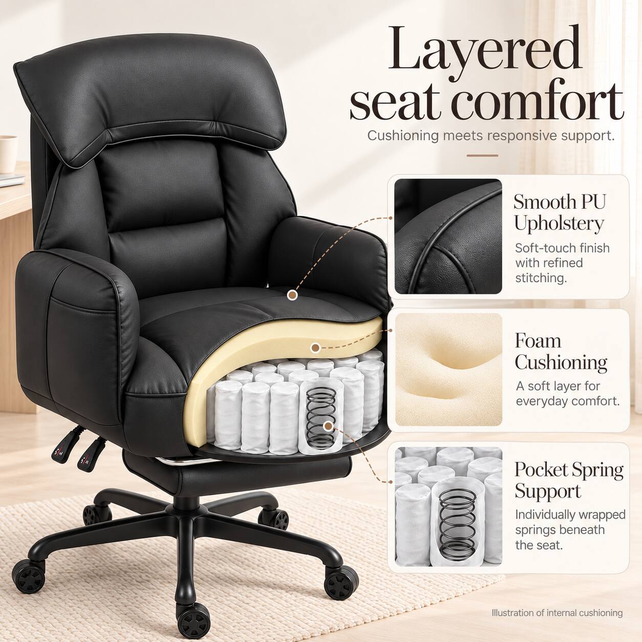 Layered seat comfort  
Cushioning meets responsive support.  

Smooth PU Upholstery  
Soft-touch finish with refined stitching.  

Foam Cushioning  
A soft layer for everyday comfort.  

Pocket Spring Support  
Individually wrapped springs beneath the seat.  

Illustration of internal cushioning