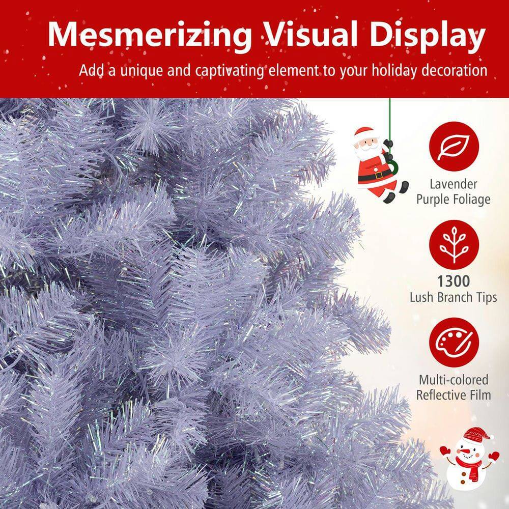 Mesmerizing Visual Display  
Add a unique and captivating element to your holiday decoration  

- Lavender Purple Foliage  
- 1300 Lush Branch Tips  
- Multi-colored Reflective Film
