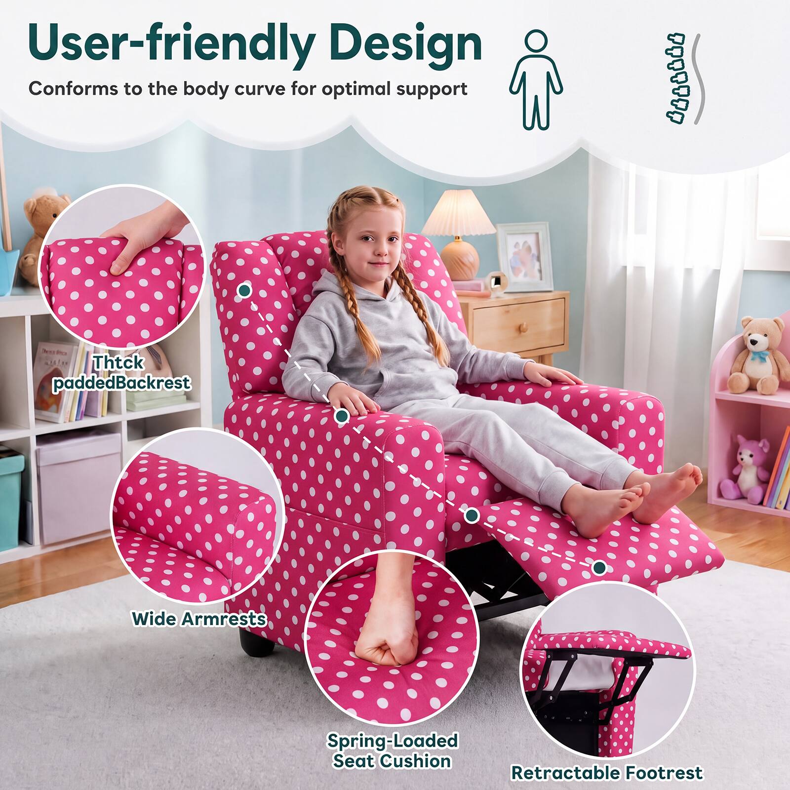 User-friendly Design Conforms to the body curve for optimal support

Thick padded Backrest

Wide Armrests

Spring-Loaded Seat Cushion

Retractable Footrest