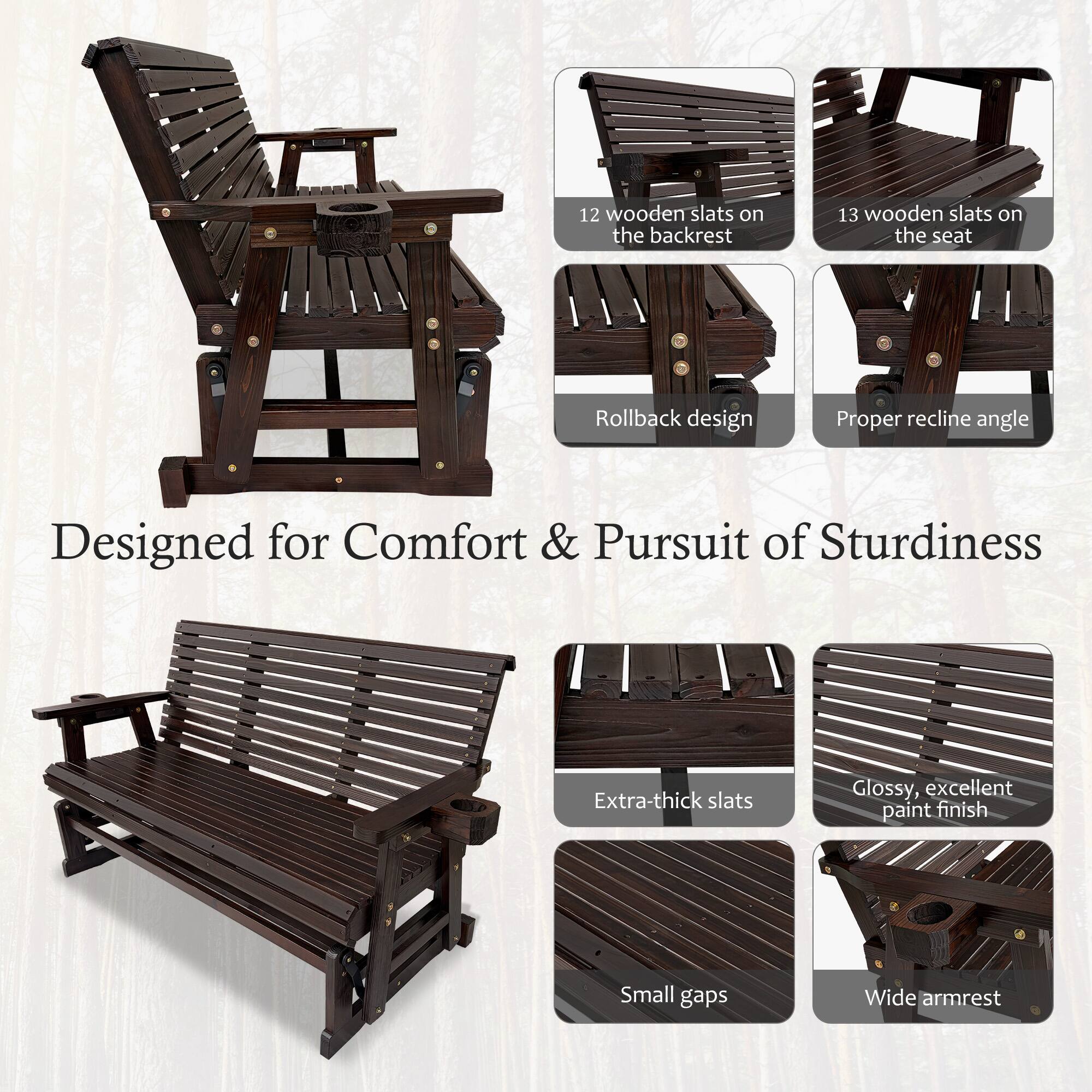 12 wooden slats on the backrest  
13 wooden slats on the seat  
Rollback design  
Proper recline angle  
Designed for Comfort & Pursuit of Sturdiness  
Extra-thick slats  
Glossy, excellent paint finish  
Small gaps  
Wide armrest