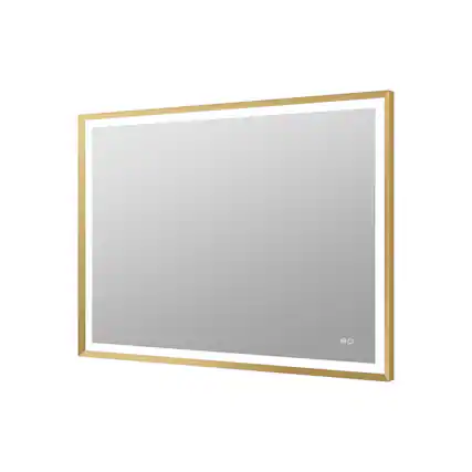 Front. WELLFOR - 48 in. W x 36 in. H Rectangular Single Aluminum Framed Antifog Dimmable Wall Bathroom Vanity Mirror - Gold.