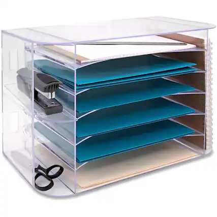 Front. Business Source - Business Source 6 tray Jumbo Desk Sorter 3 Pocket 6 Compartment 12.25" x 18.13" x 10" Desktop Clear - Clear.