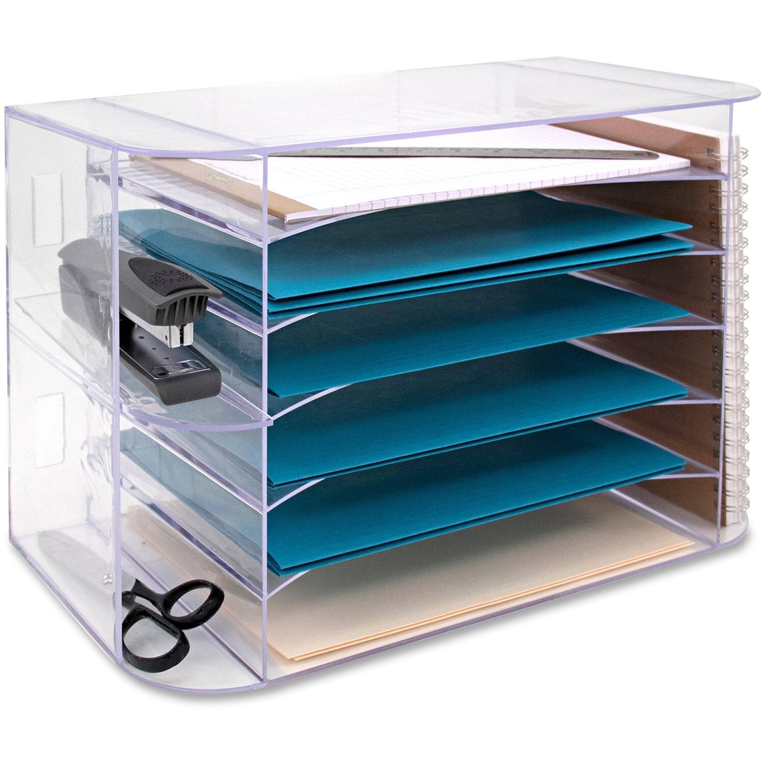 Front. Business Source - Business Source 6 tray Jumbo Desk Sorter 3 Pocket 6 Compartment 12.25" x 18.13" x 10" Desktop Clear - Clear.