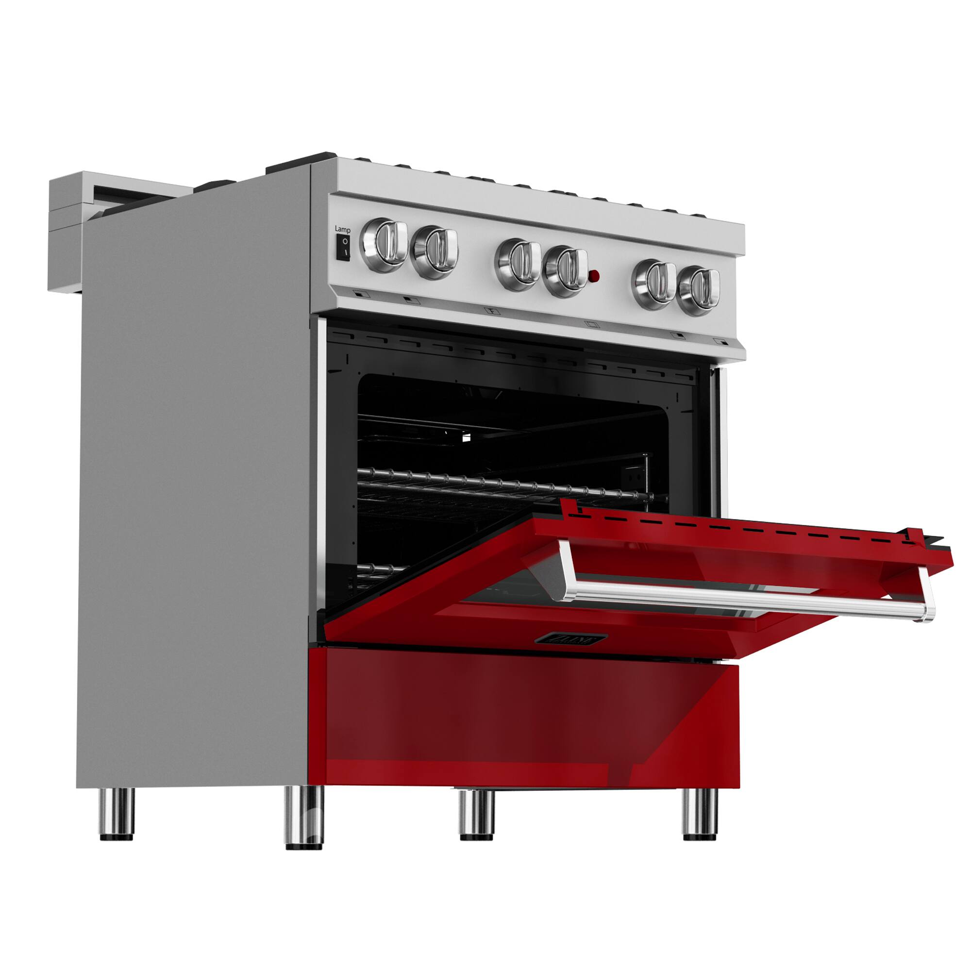 Left. ZLINE - ZLINE 36 in. Legacy Dual Fuel Range in Satin Stainless Steel & Red Gloss Door (RAS-RG-36) - Gloss Red.