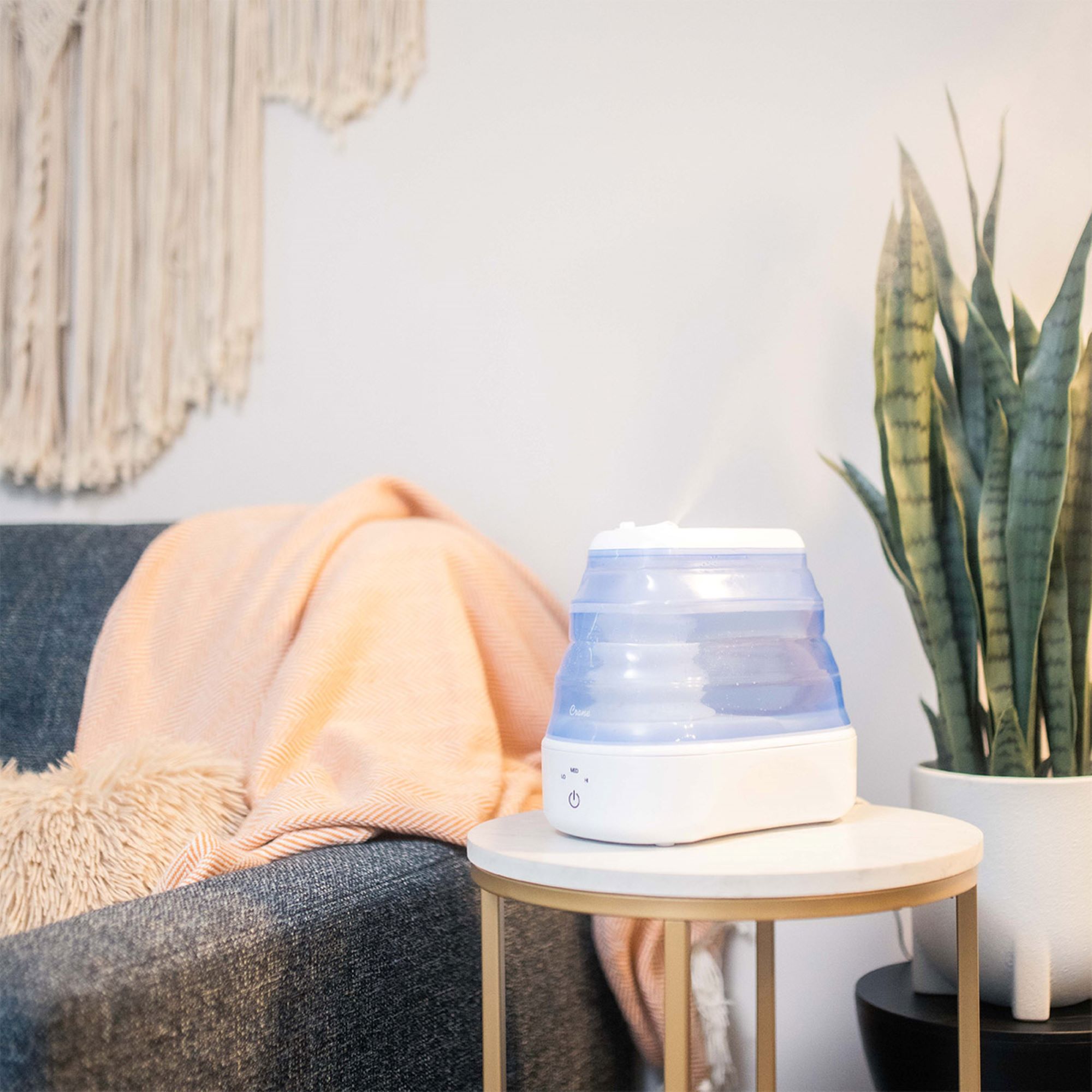 Left View: CRANE - 1 Gal. Cool Mist Collapsible Humidifier - Blue/White