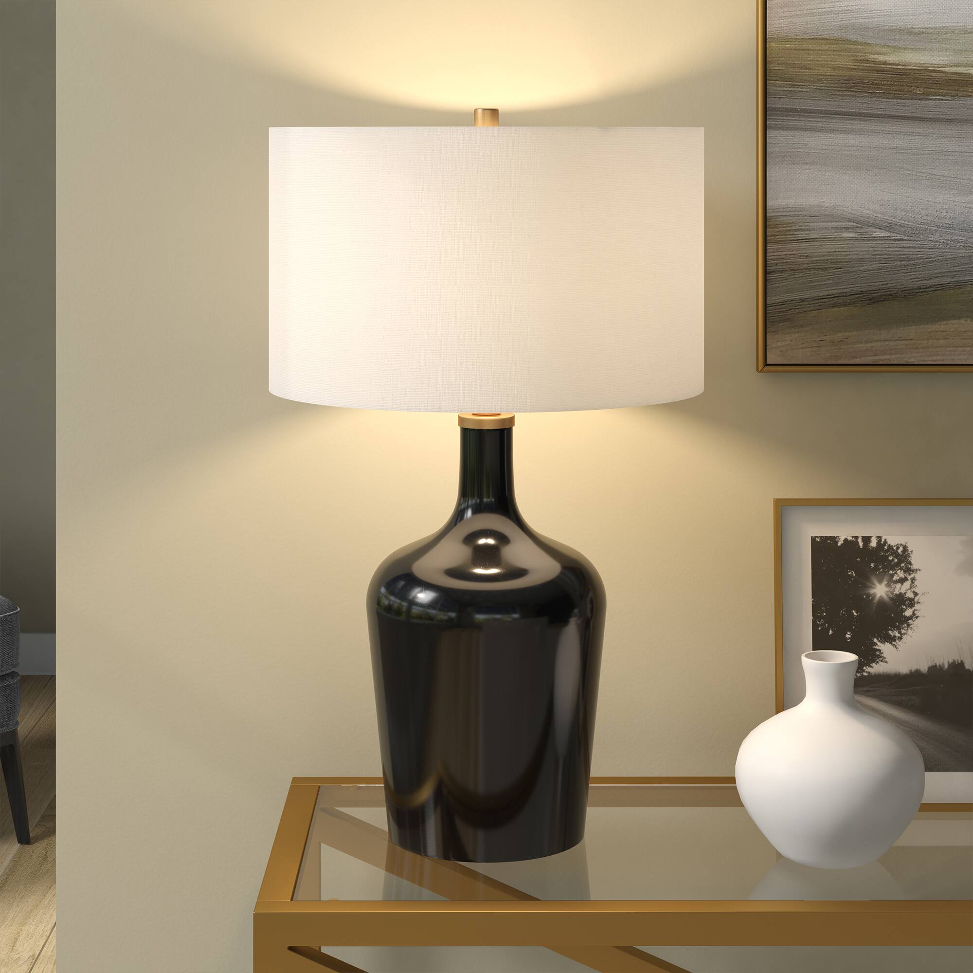 Alt View 1. Hudson&Canal - Sebago 25" Tall Table Lamp with Fabric Shade in Black/White - Black.