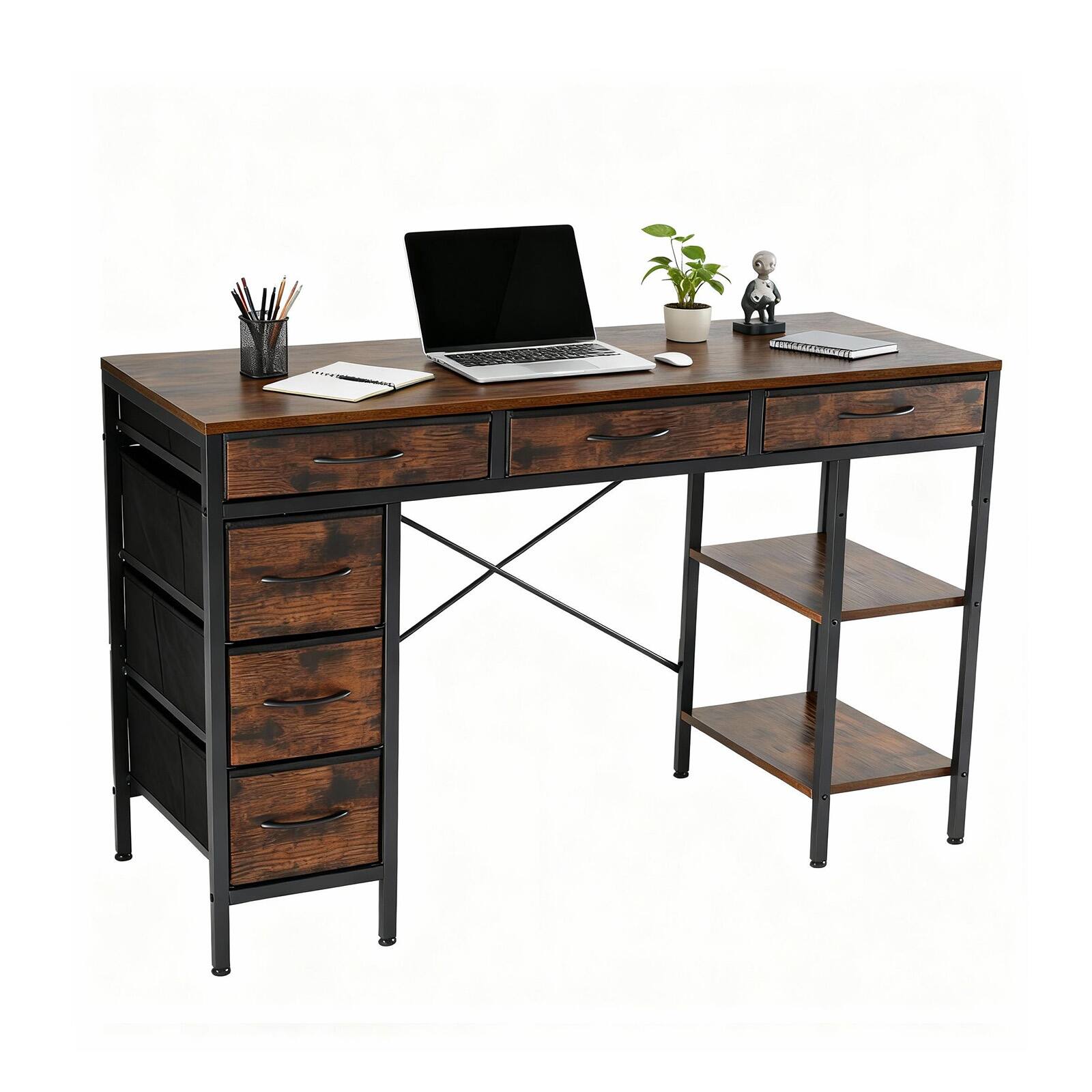 Angle. Bestier - 55-inch Computer Desk with 6 Fabric Drawers, Adjustable Storage Shelf,Metal Desk for Home Office & Gaming - brown.