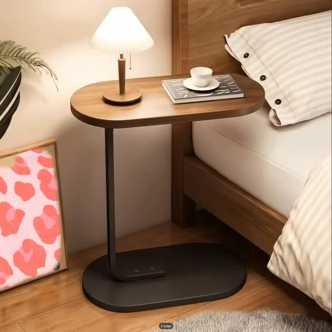 Back. WG - Modern C Shaped Side Table for Small Spaces Wood Coffee Table with Walnut Black White Top for Sofa and Bed Top Tabletop - Walnut.