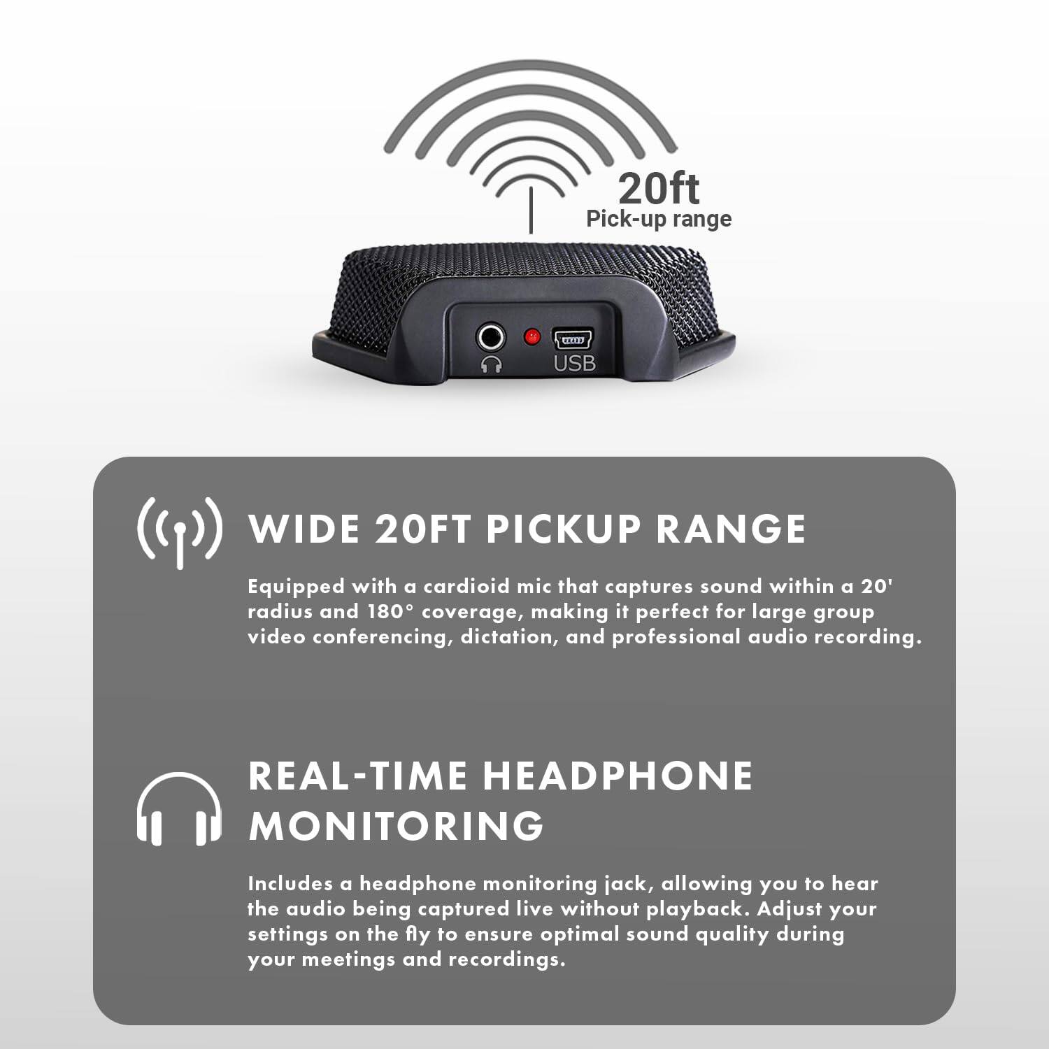 20ft Pick-up range

WIDE 20FT PICKUP RANGE
Equipped with a cardioid mic that captures sound within a 20' radius and 180° coverage, making it perfect for large group video conferencing, dictation, and professional audio recording.

REAL-TIME HEADPHONE MONITORING
Includes a headphone monitoring jack, allowing you to hear the audio being captured live without playback. Adjust your settings on the fly to ensure optimal sound quality during your meetings and recordings.