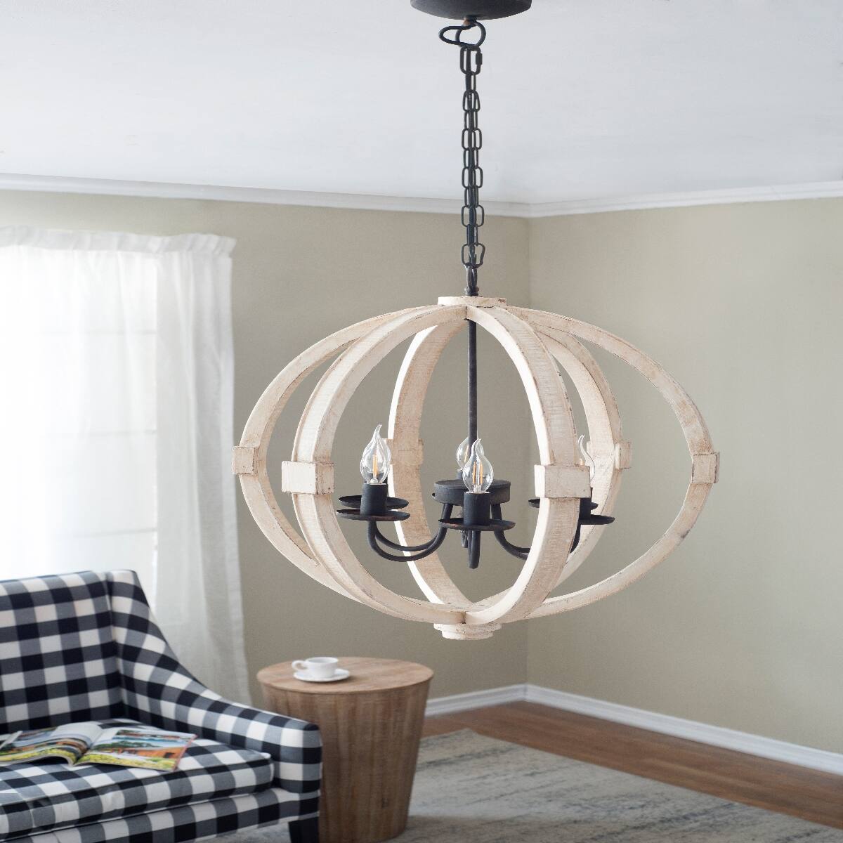 Alt View 3. Loheer - Loheer Six Light Wood Chandelier, Distressed White Finish, Adjustable Chain for Dining Room or Foyer.