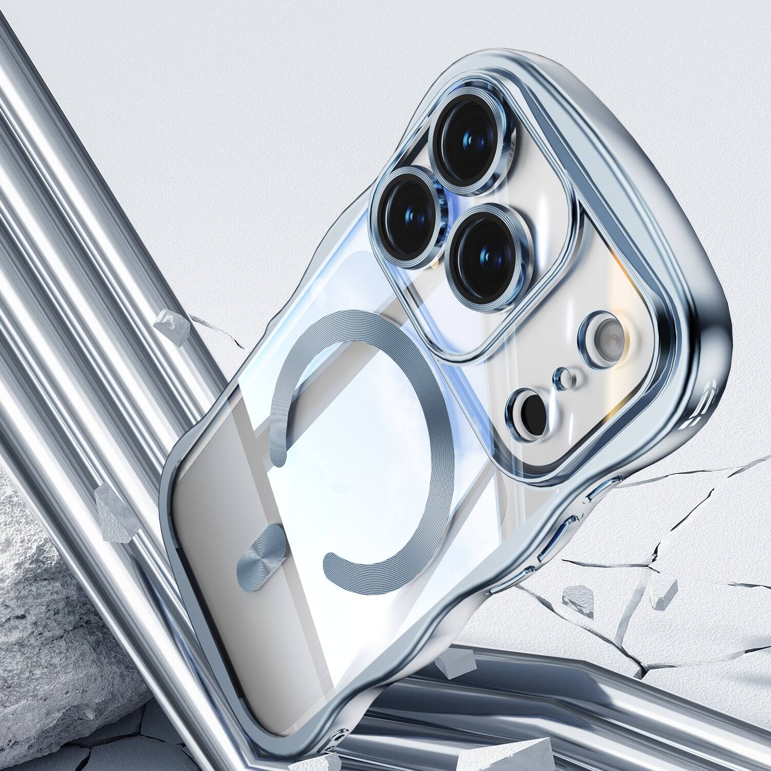 Back. Dteck - Magnetic Case For iPhone 17 Pro Max With Built-in Lens Protector Shockproof Plating Curly Wavy Frame Clear Back Cover - Blue.